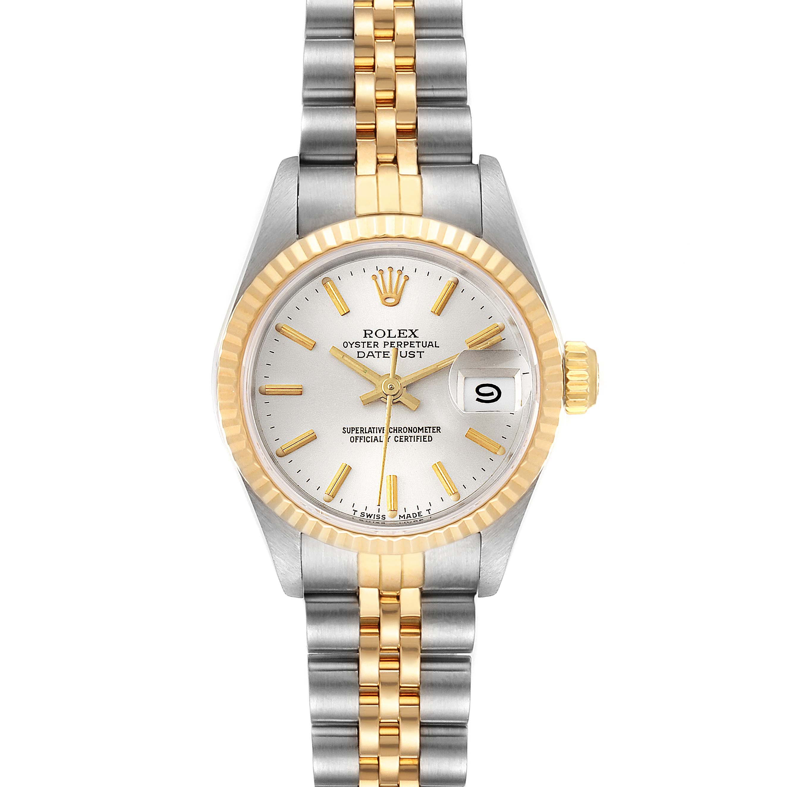 The image shows the front view of the Rolex Datejust 69173 Women's Steel and Gold (two tone) Silver Dial 69173 Women's Steel and Gold (two tone) Silver Dial watch including the dial, bezel, bracelet, and date window.