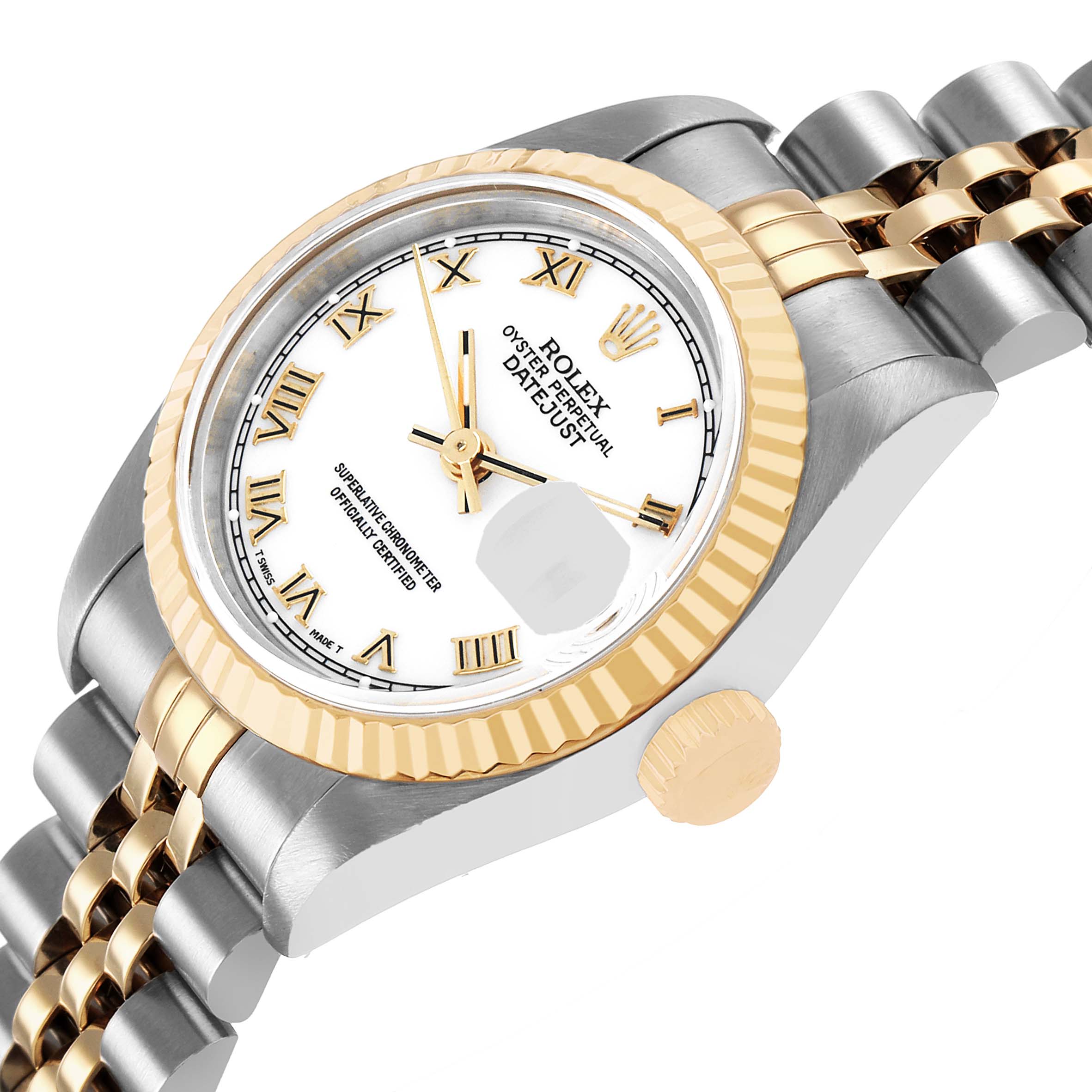 The Rolex Datejust 69173 Women's Steel and Gold (two tone) Yellow Dial watch is shown at a three-quarter angle, highlighting the face, bezel, crown, and part of the bracelet.