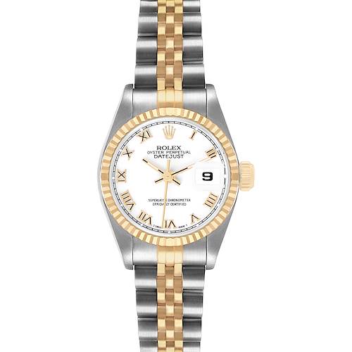 The Rolex Datejust 69173 Women's Steel and Gold (two tone) Yellow Dial watch is shown from a top-down angle, highlighting the face, bezel, and bracelet.