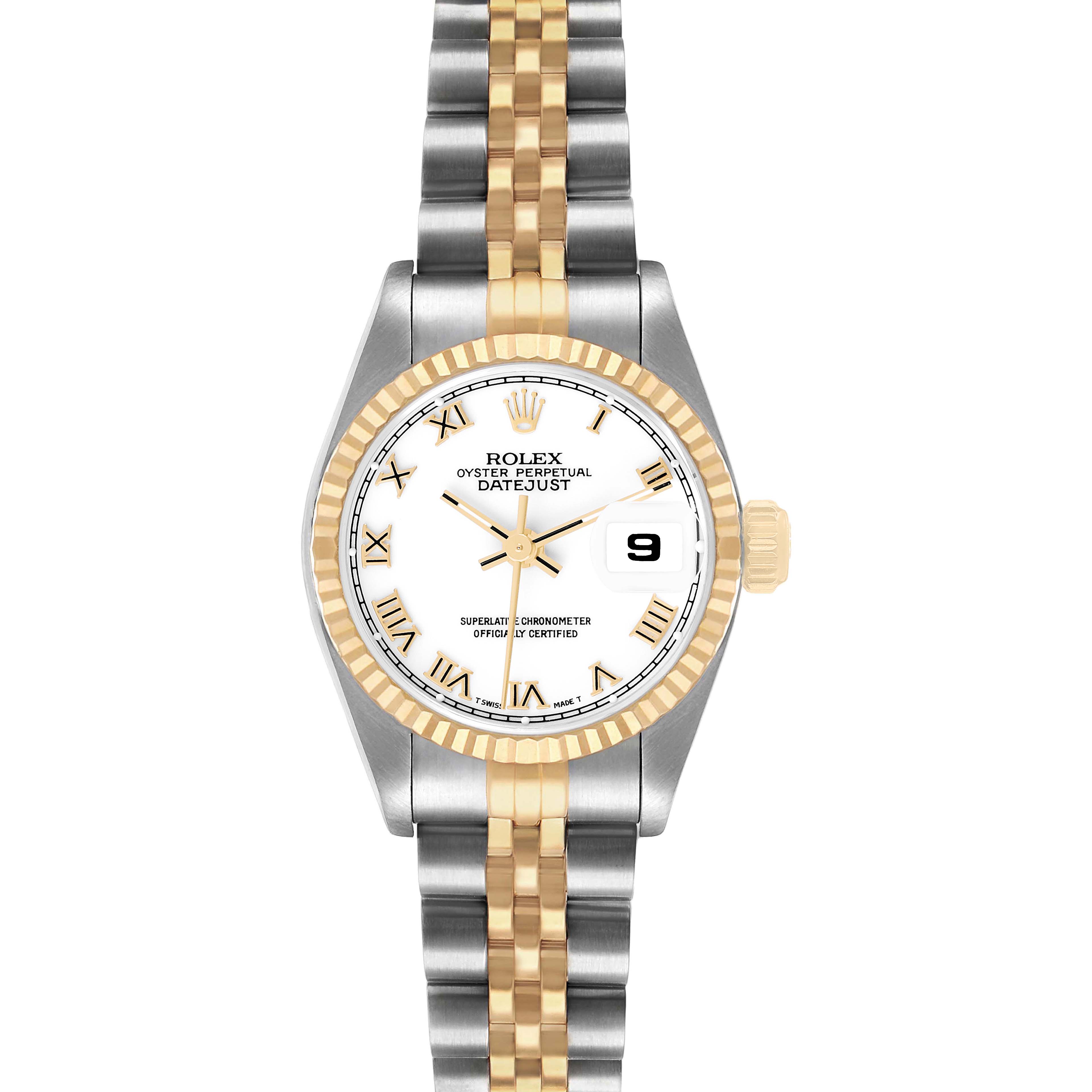 The Rolex Datejust 69173 Women's Steel and Gold (two tone) Yellow Dial watch is shown from the front, highlighting its white dial, gold-tone bezel, and two-tone bracelet.