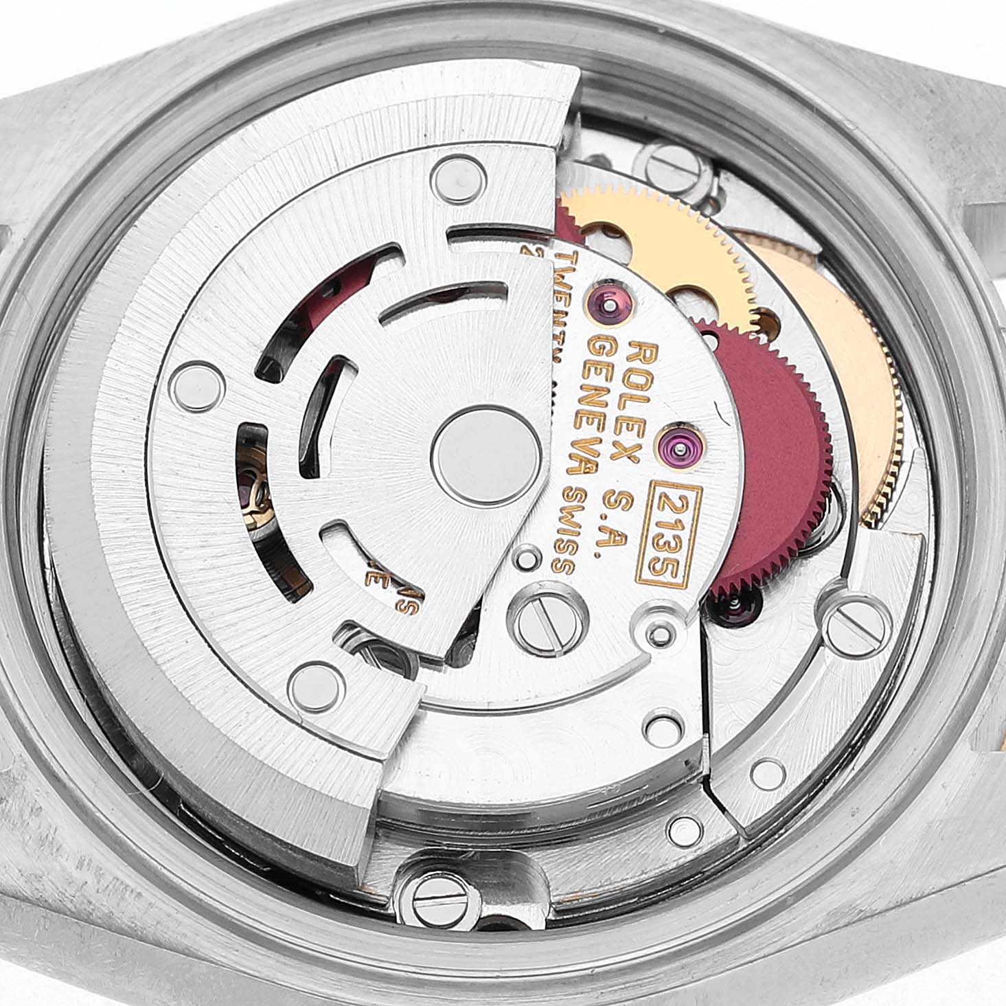 The image shows the movement of a Rolex Datejust 69173 Women's Steel and Gold (two tone) Yellow Dial watch from a top-down angle, highlighting the rotor and gears.