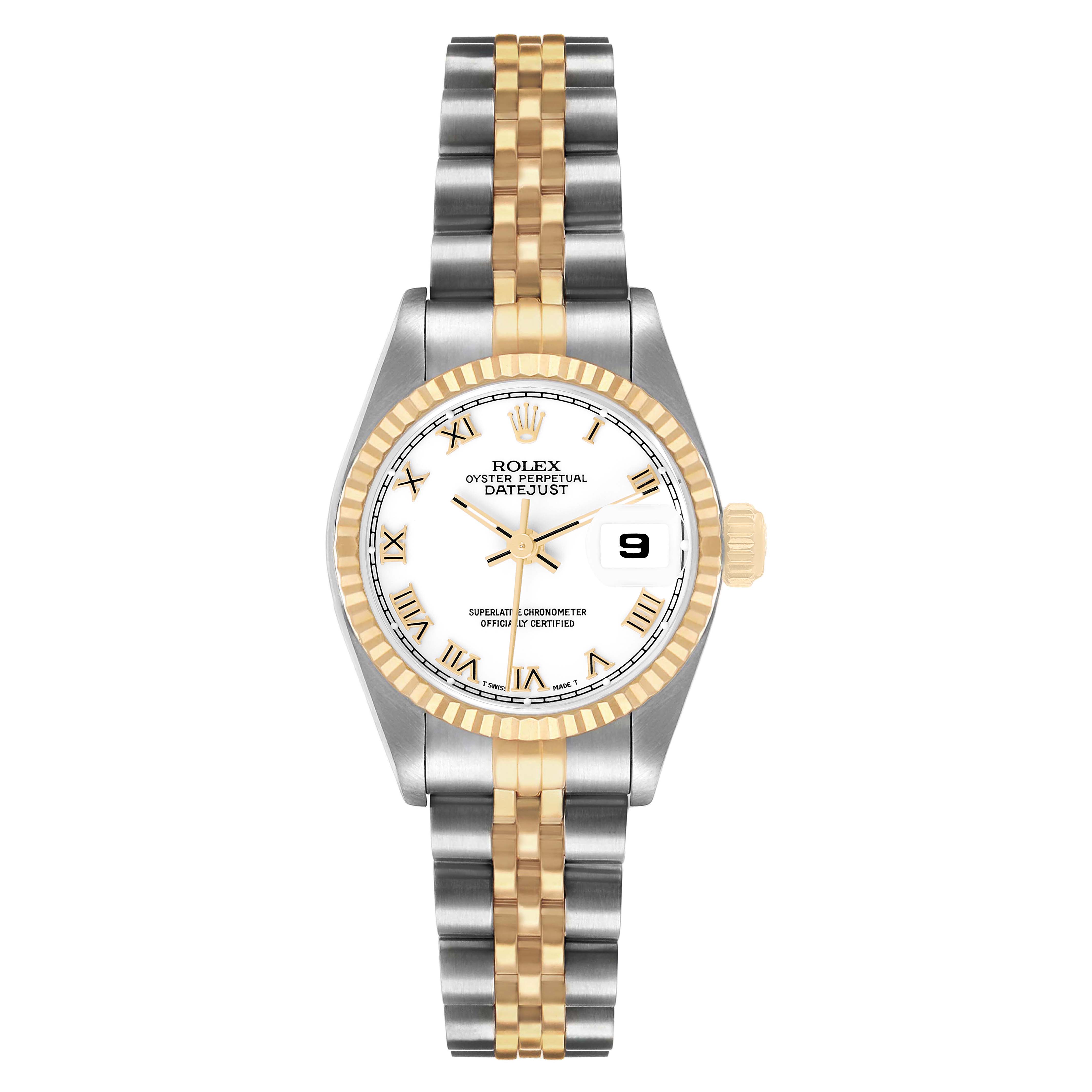 The Rolex Datejust 69173 Women's Steel and Gold (two tone) Yellow Dial watch is shown from a top-down angle, displaying the dial, bezel, crown, and bracelet.