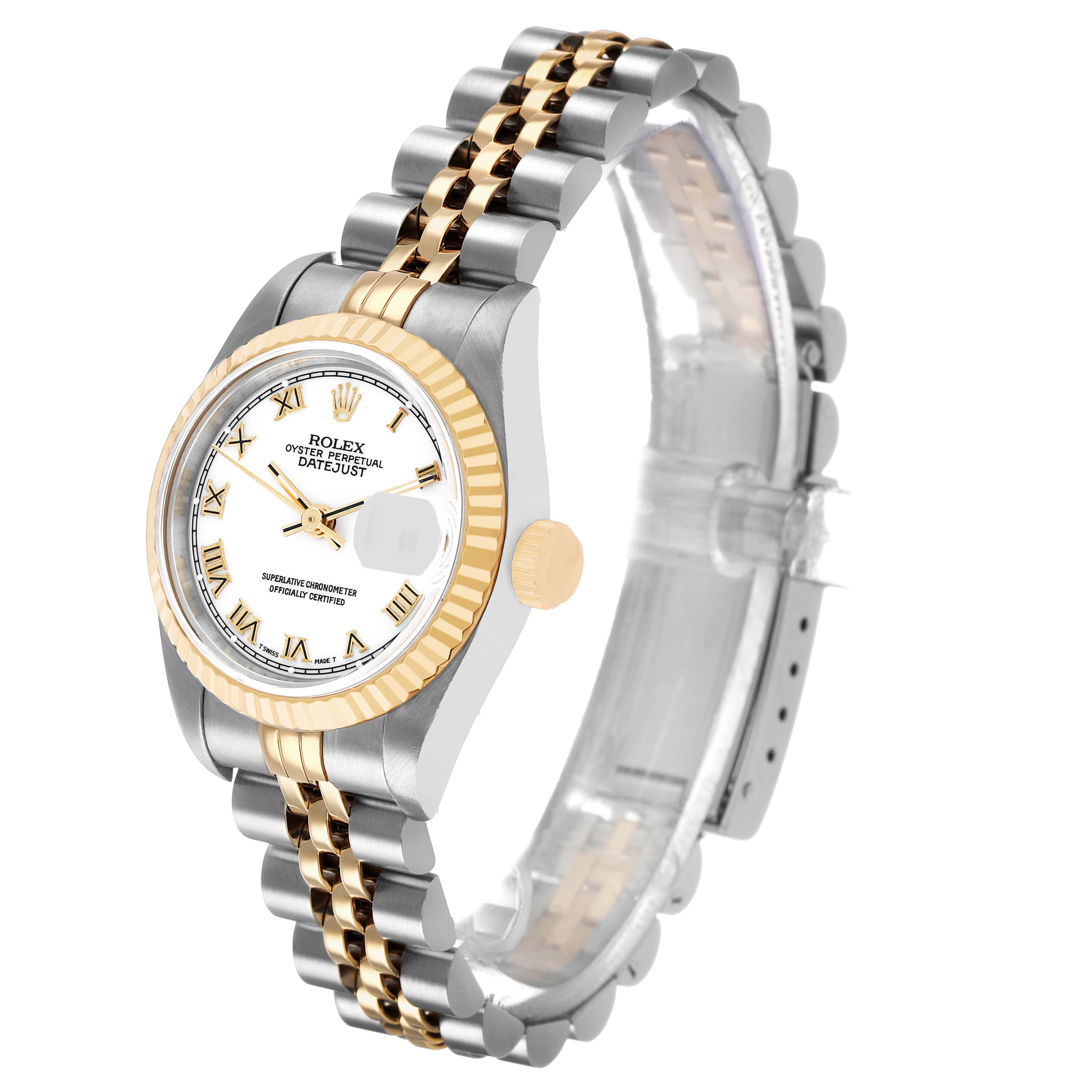 The Rolex Datejust 69173 Women's Steel and Gold (two tone) Yellow Dial watch is shown at a three-quarter angle, highlighting the dial, bezel, bracelet, and crown.