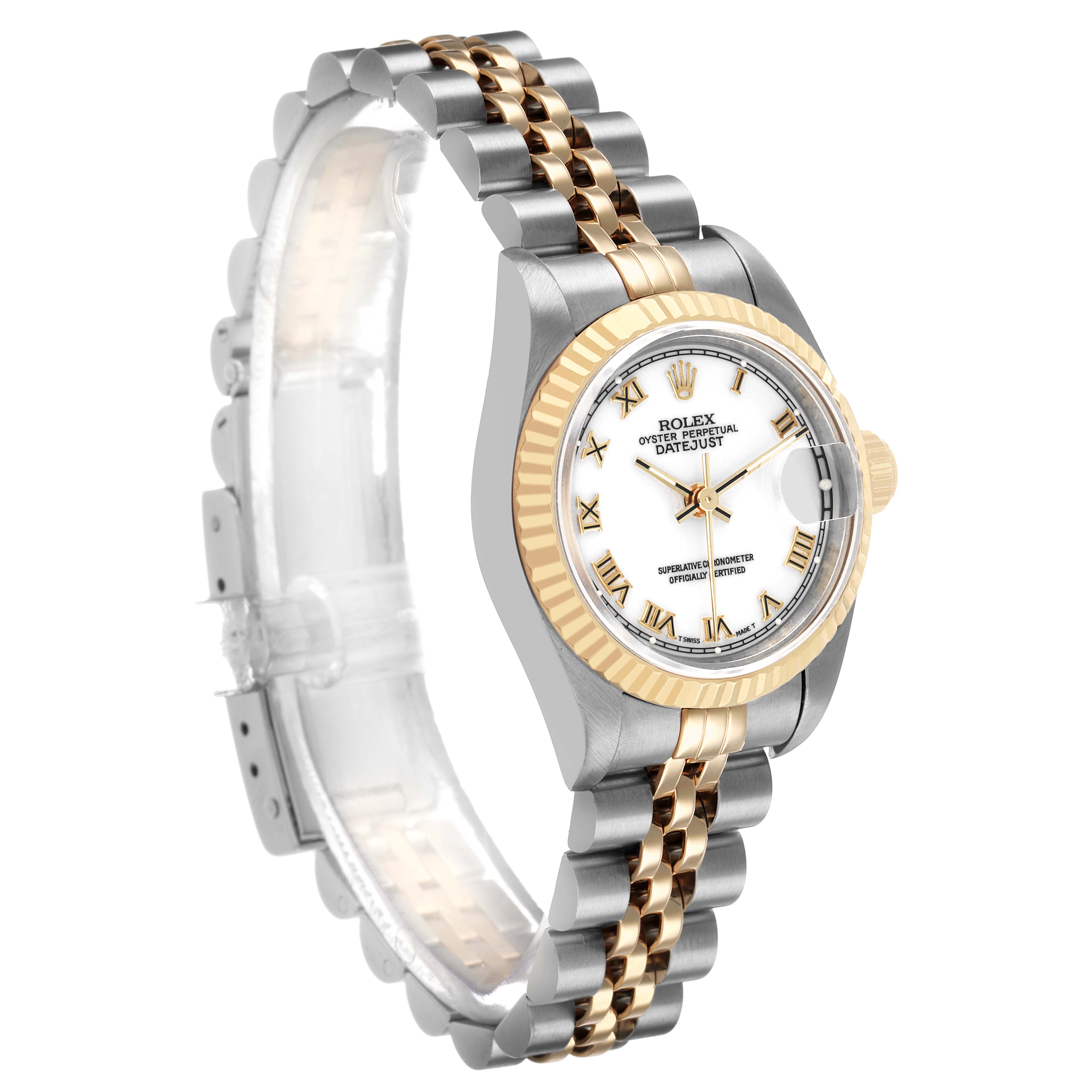 The Rolex Datejust 69173 Women's Steel and Gold (two tone) Yellow Dial is shown at a front-left angle, highlighting the bezel, dial, and two-tone bracelet.