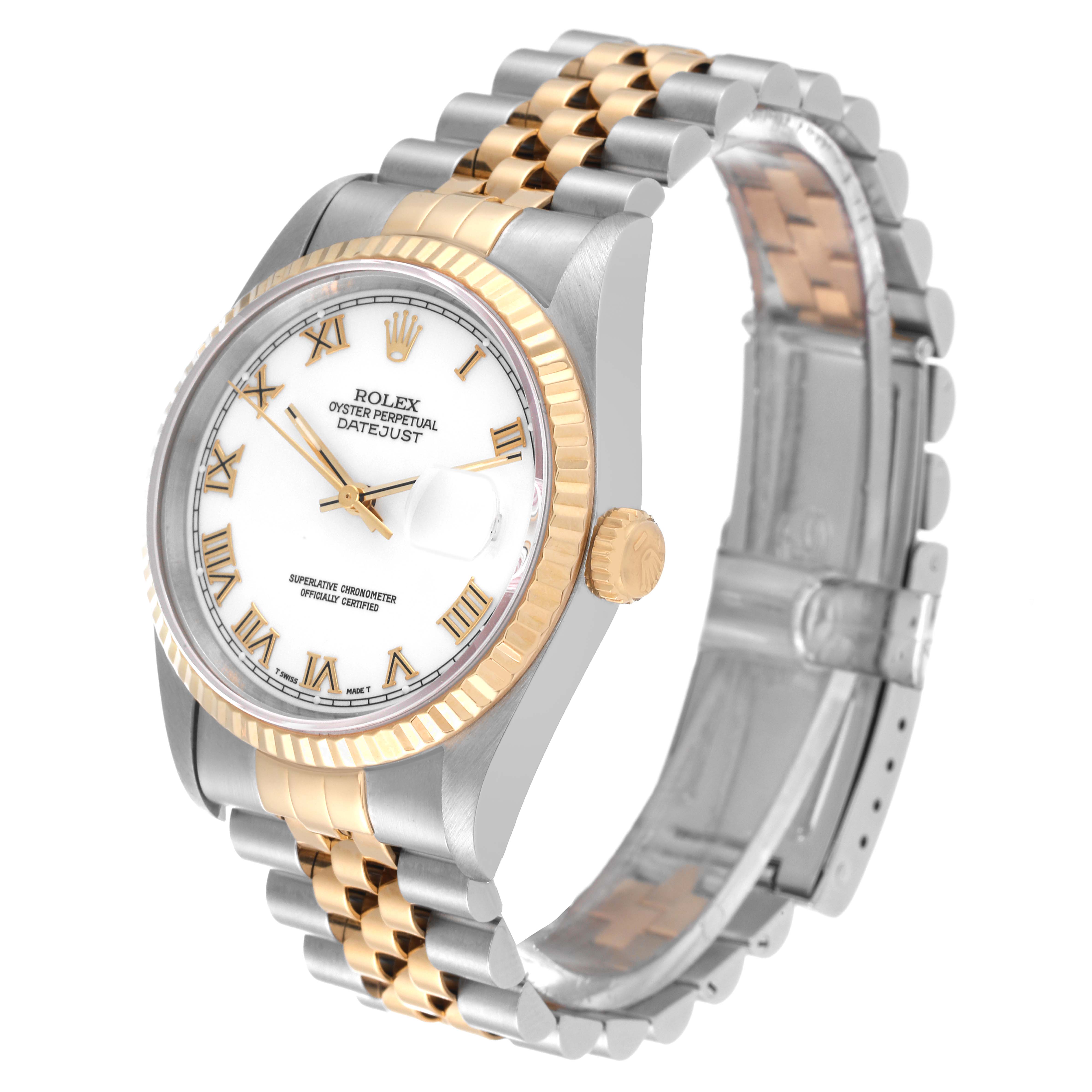 The image shows a Rolex Datejust 16233 Men's Steel and Gold (two tone) White Dial 16233 Men's Steel and Gold (two tone) White Dial watch at a three-quarter angle highlighting its two-tone bracelet, fluted bezel, and white dial.