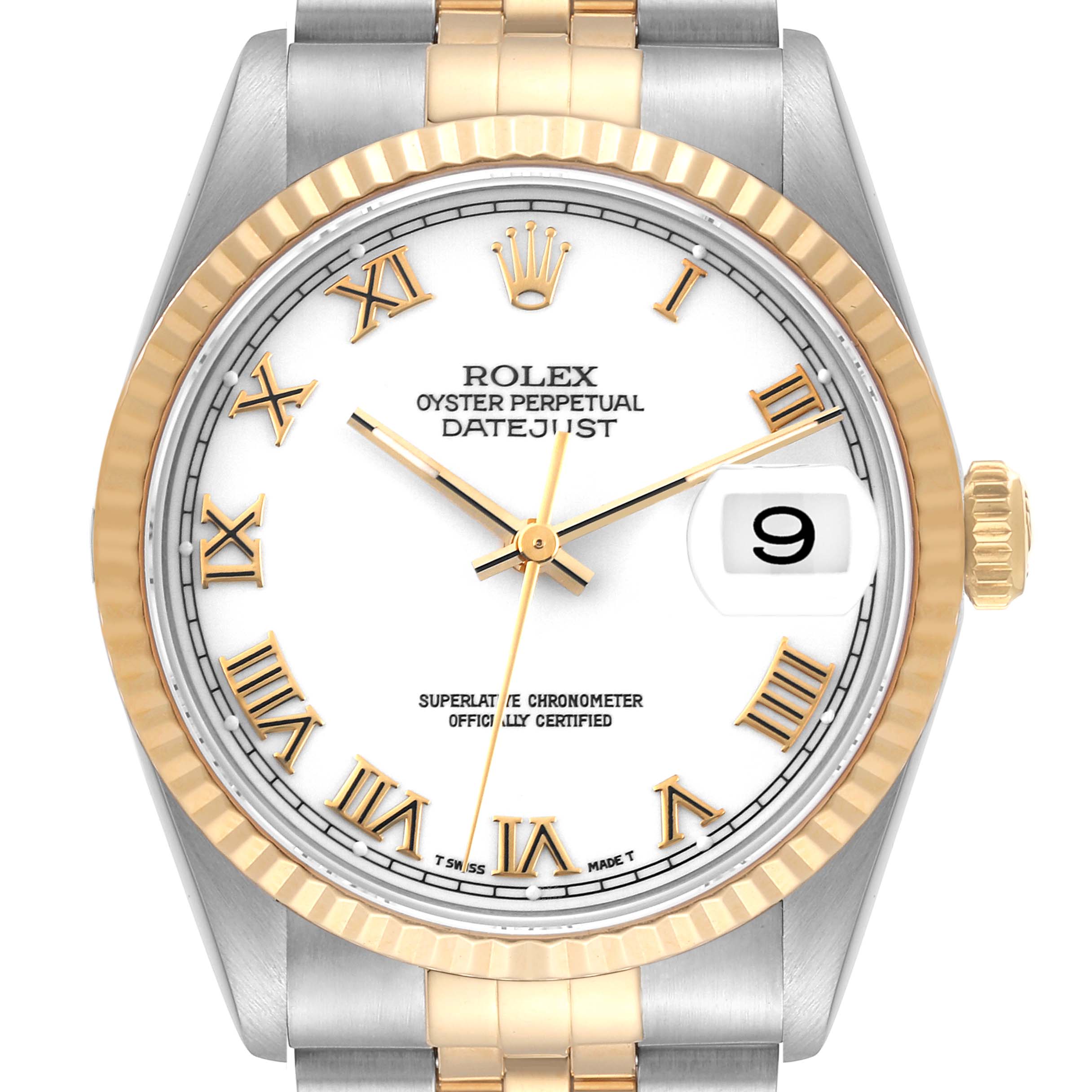 The Rolex Datejust 16233 Men's Steel and Gold (two tone) White Dial 16233 Men's Steel and Gold (two tone) White Dial watch is shown from a front angle, displaying its face, bezel, and partial bracelet.