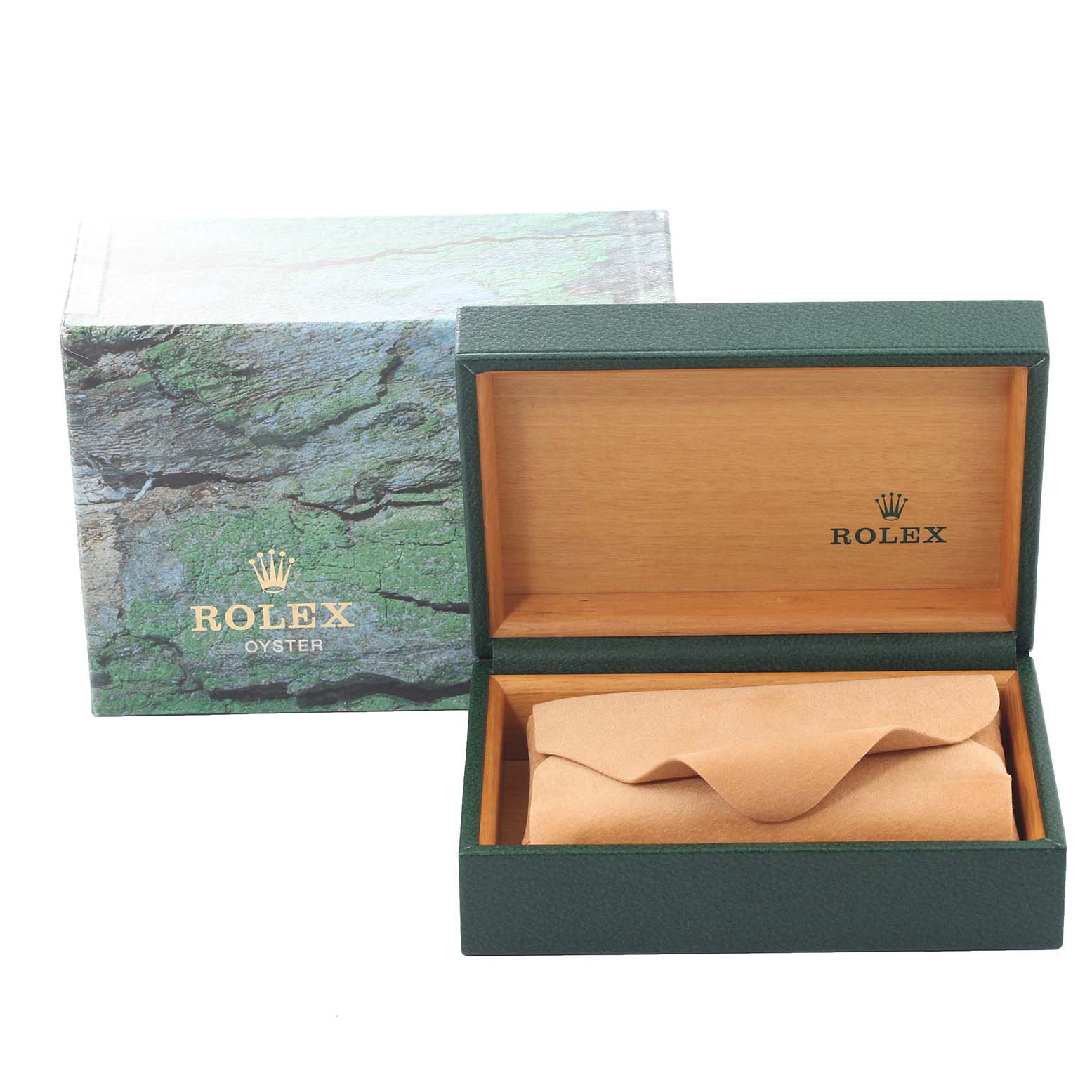 The image shows the packaging box for a Rolex Datejust 16233 Men's Steel and Gold (two tone) White Dial 16233 Men's Steel and Gold (two tone) White Dial watch, with the outer box and inner wooden box open, revealing a suede pouch.