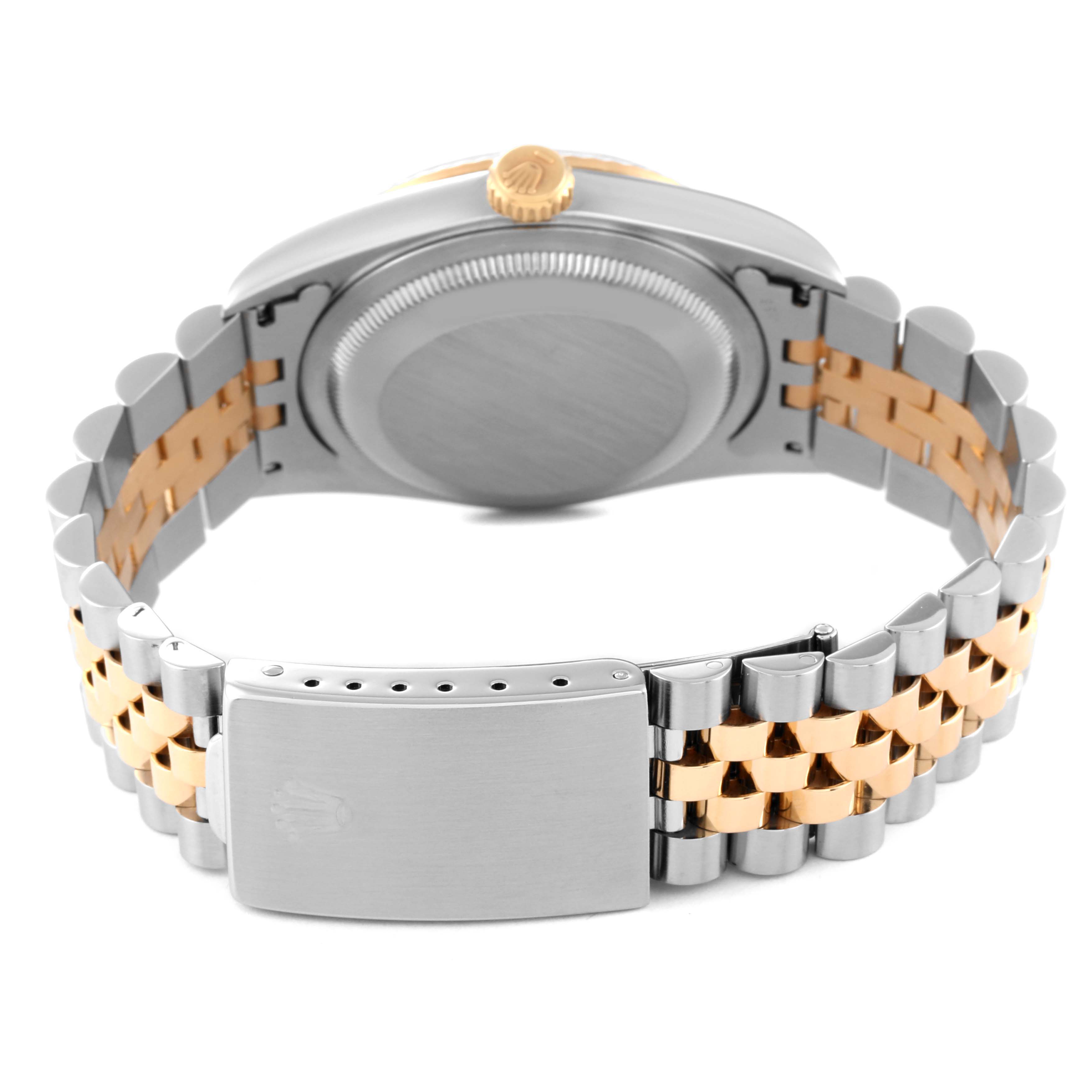 The image shows the back view of a Rolex Datejust 16233 Men's Steel and Gold (two tone) White Dial 16233 Men's Steel and Gold (two tone) White Dial watch, focusing on the case back, crown, and two-tone bracelet clasp.