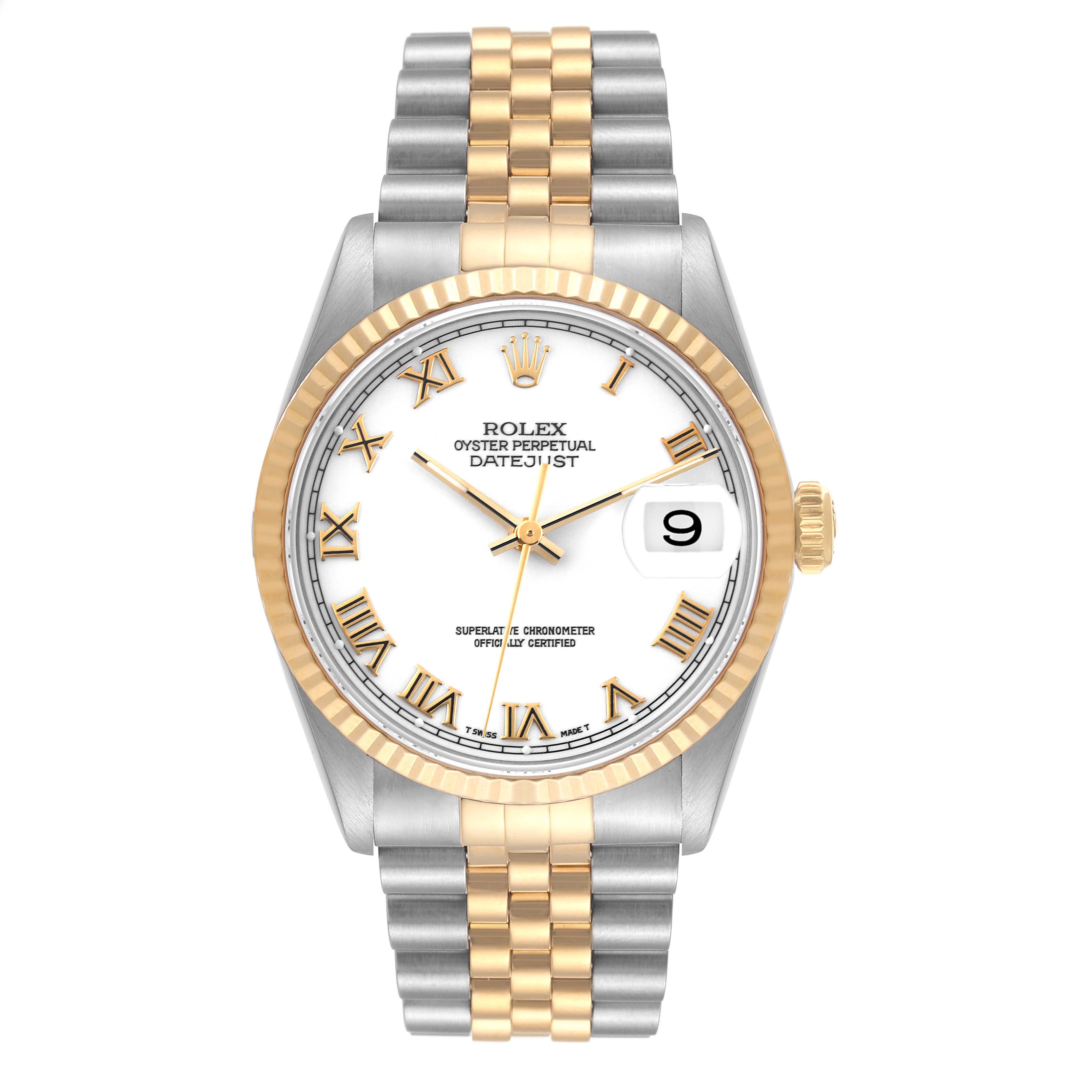 This image shows a front view of a Rolex Datejust 16233 Men's Steel and Gold (two tone) White Dial 16233 Men's Steel and Gold (two tone) White Dial watch featuring a two-tone bracelet and a white dial with Roman numerals.