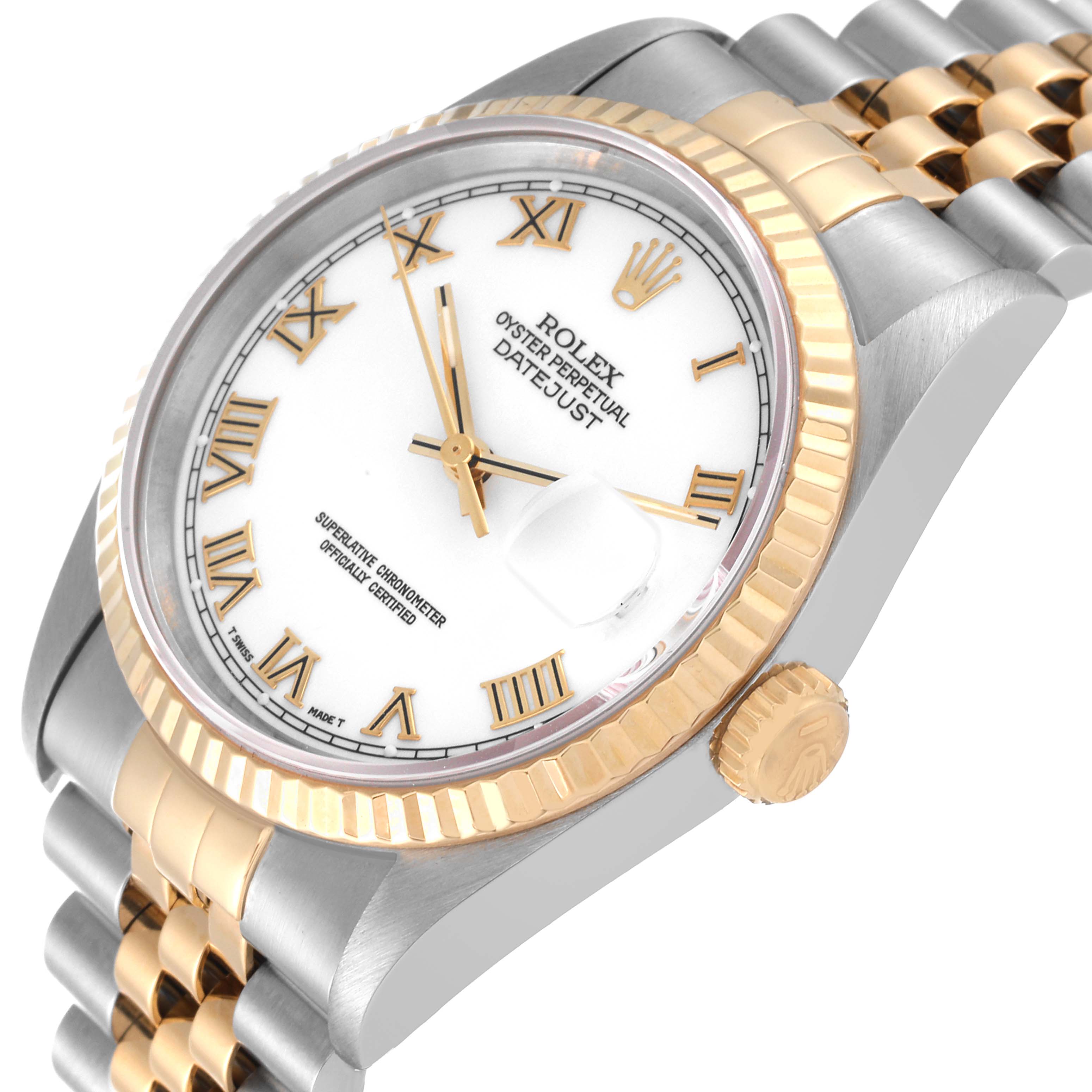 The image shows the Rolex Datejust 16233 Men's Steel and Gold (two tone) White Dial 16233 Men's Steel and Gold (two tone) White Dial watch from a slight side angle, highlighting the dial, crown, and part of the bracelet.