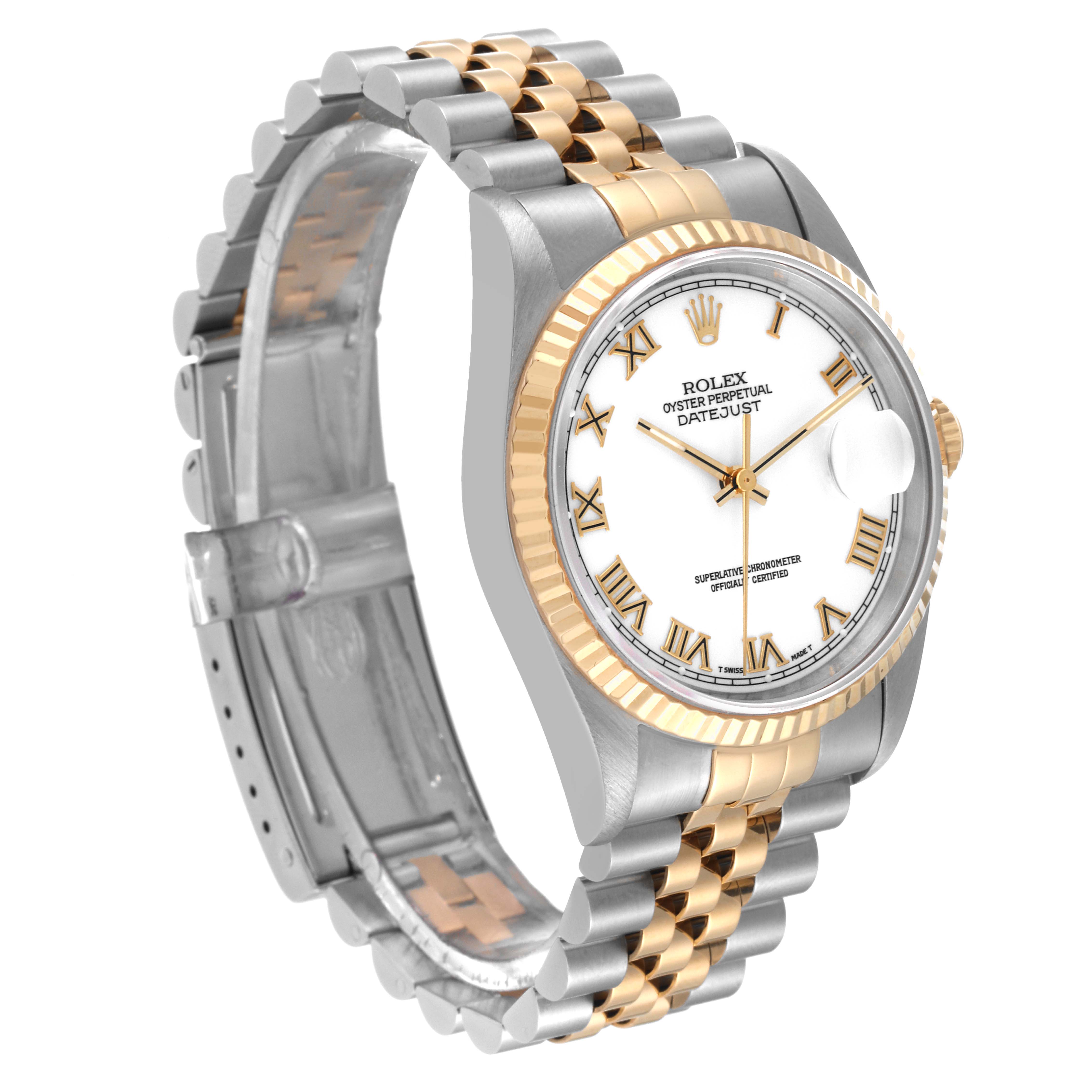 The image shows a Rolex Datejust 16233 Men's Steel and Gold (two tone) White Dial 16233 Men's Steel and Gold (two tone) White Dial watch at an angle, highlighting the bezel, dial, hands, and two-tone bracelet.
