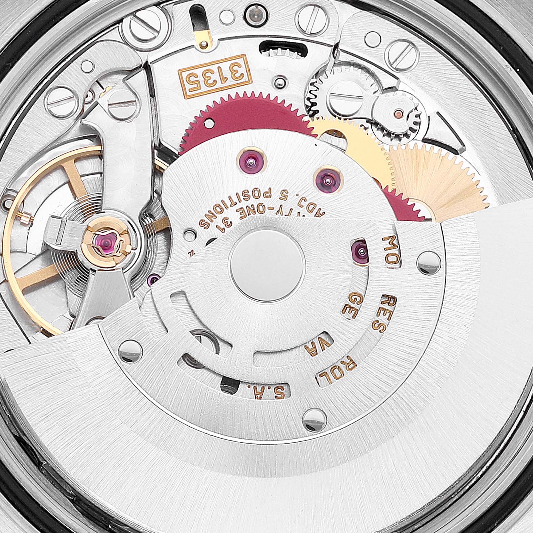 This image shows a close-up view of the movement mechanism inside the Datejust model by Rolex.