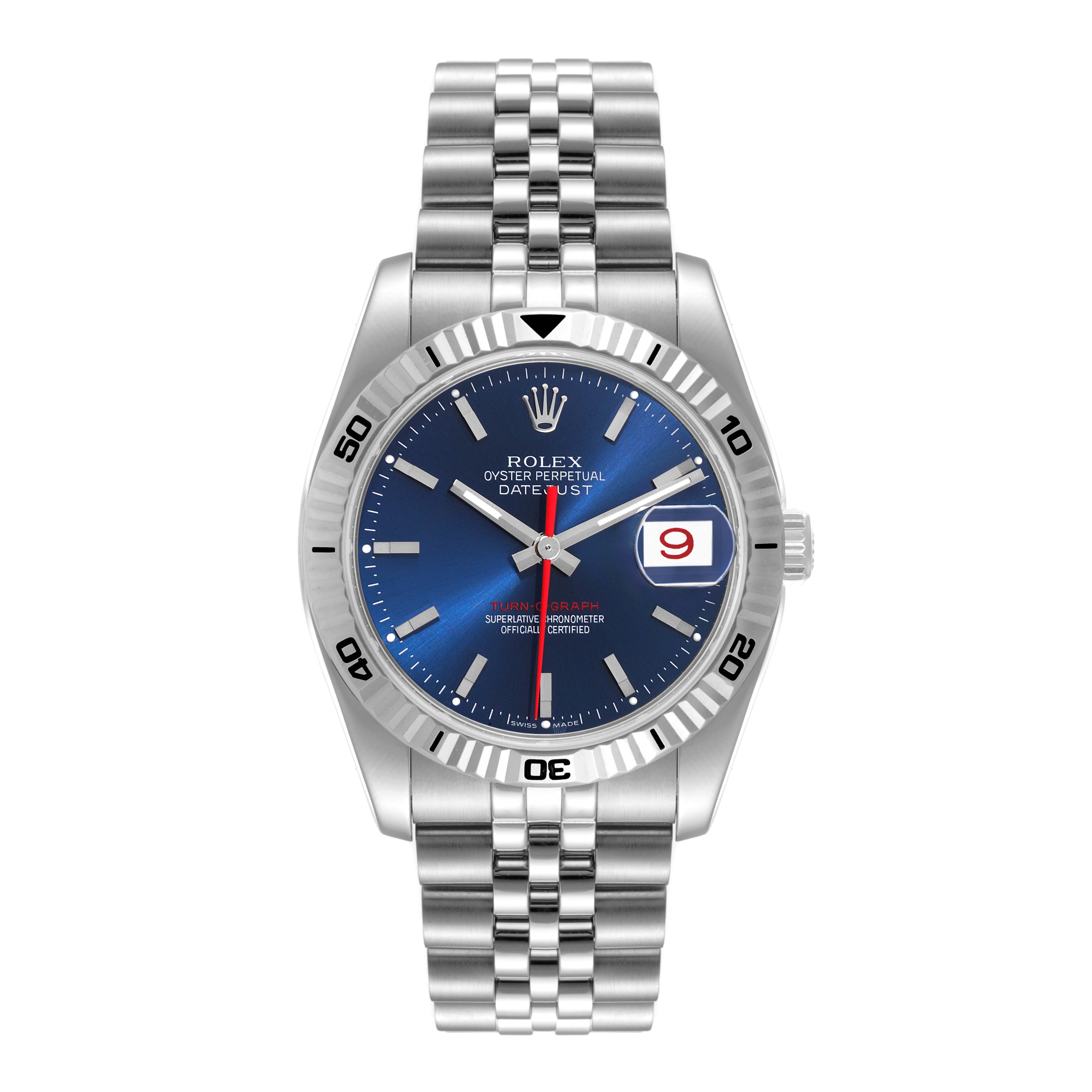 This image shows the front view of the Rolex Turn-o-Graph 116264 Men's Stainless Steel Blue Dial 116264 Men's Stainless Steel Blue Dial watch featuring a blue dial and a stainless steel bracelet.