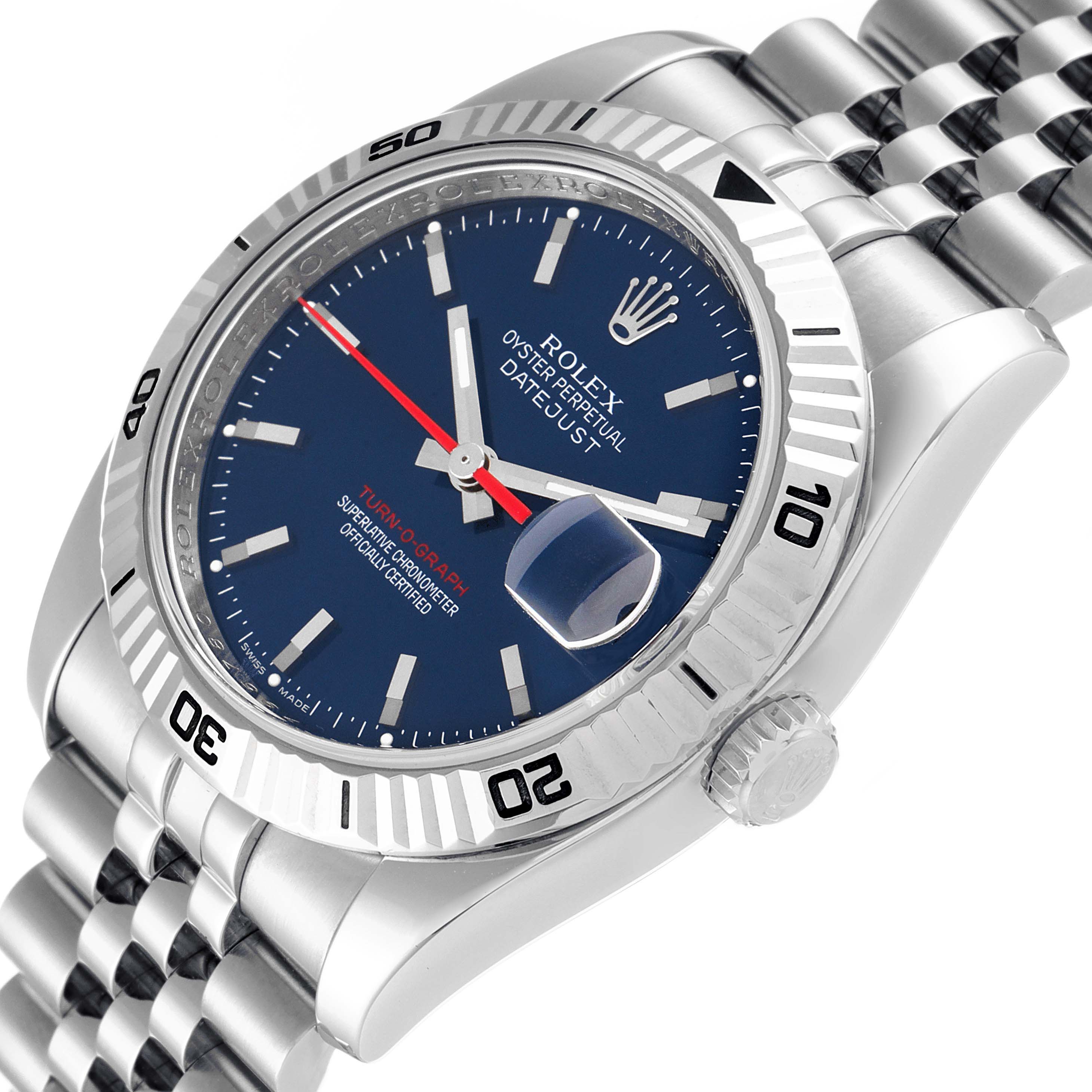 The image shows a Rolex Turn-o-Graph 116264 Men's Stainless Steel Blue Dial 116264 Men's Stainless Steel Blue Dial watch from an angled top view, highlighting the dial, bezel, bracelet, and crown.