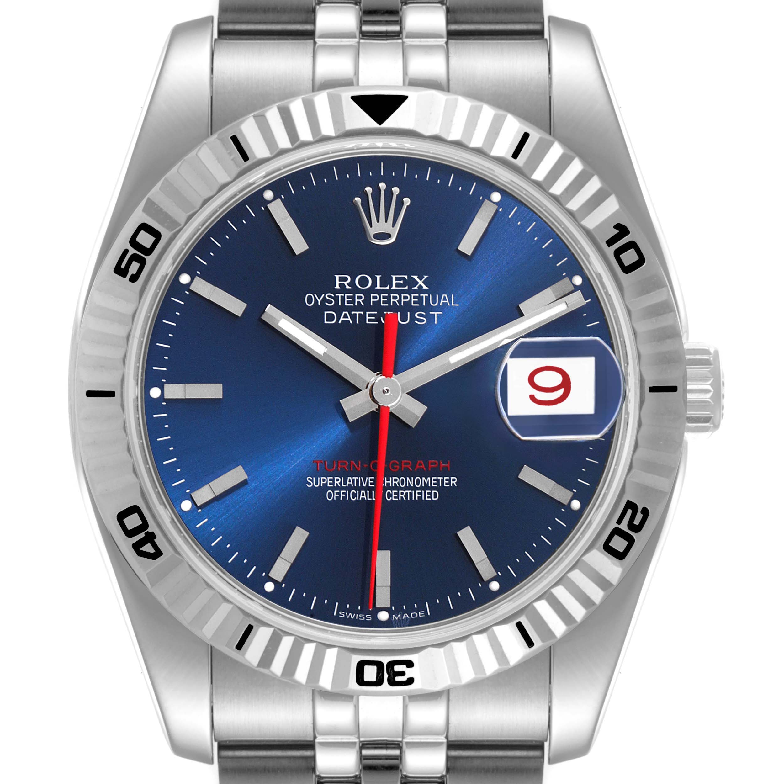 The image shows a front view of the Rolex Turn-o-Graph 116264 Men's Stainless Steel Blue Dial 116264 Men's Stainless Steel Blue Dial watch, featuring its dial, bezel, hands, and part of the bracelet.