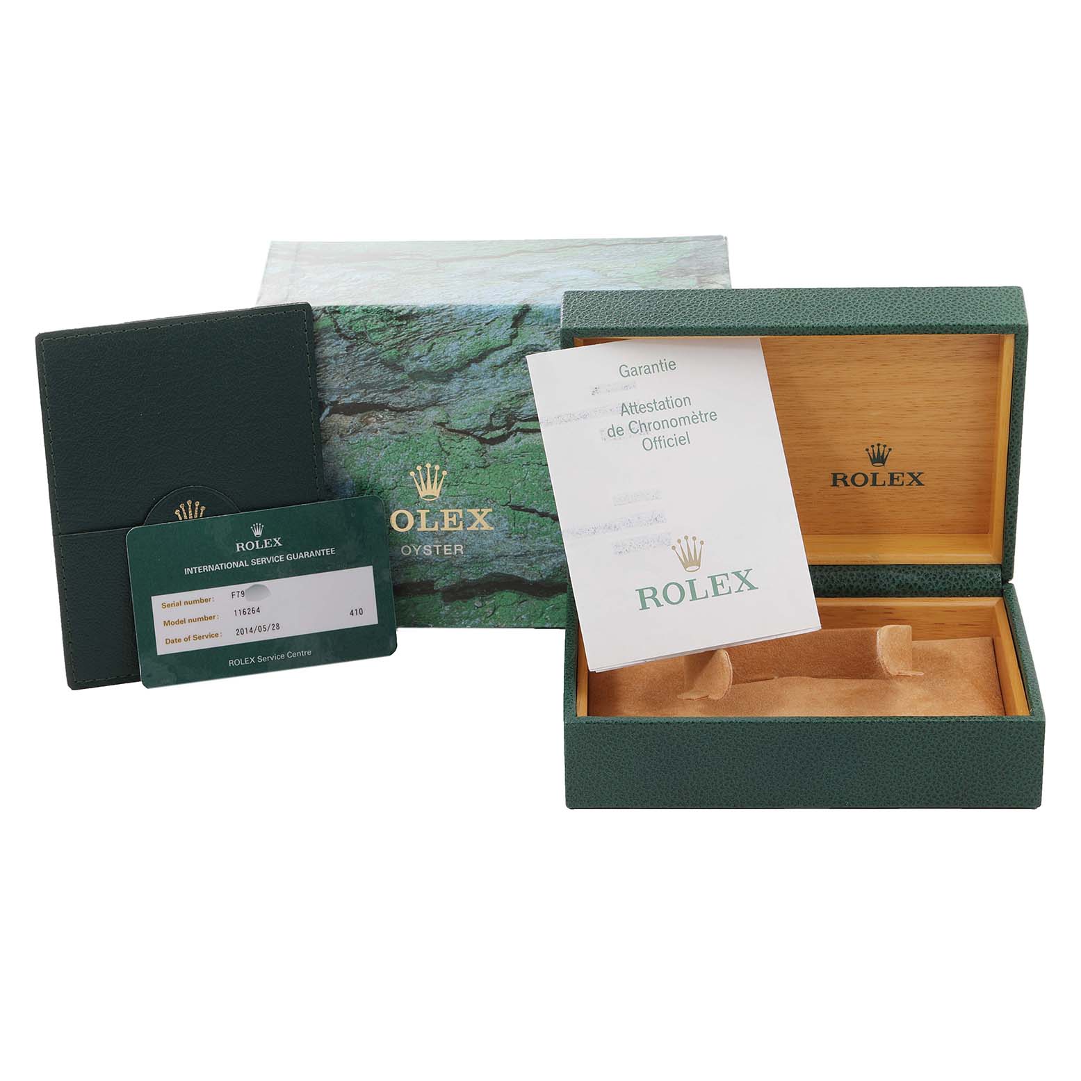 The image shows the packaging, warranty card, booklet, and box for a Rolex Turn-o-Graph 116264 Men's Stainless Steel Blue Dial 116264 Men's Stainless Steel Blue Dial watch, all displayed from the front angle.