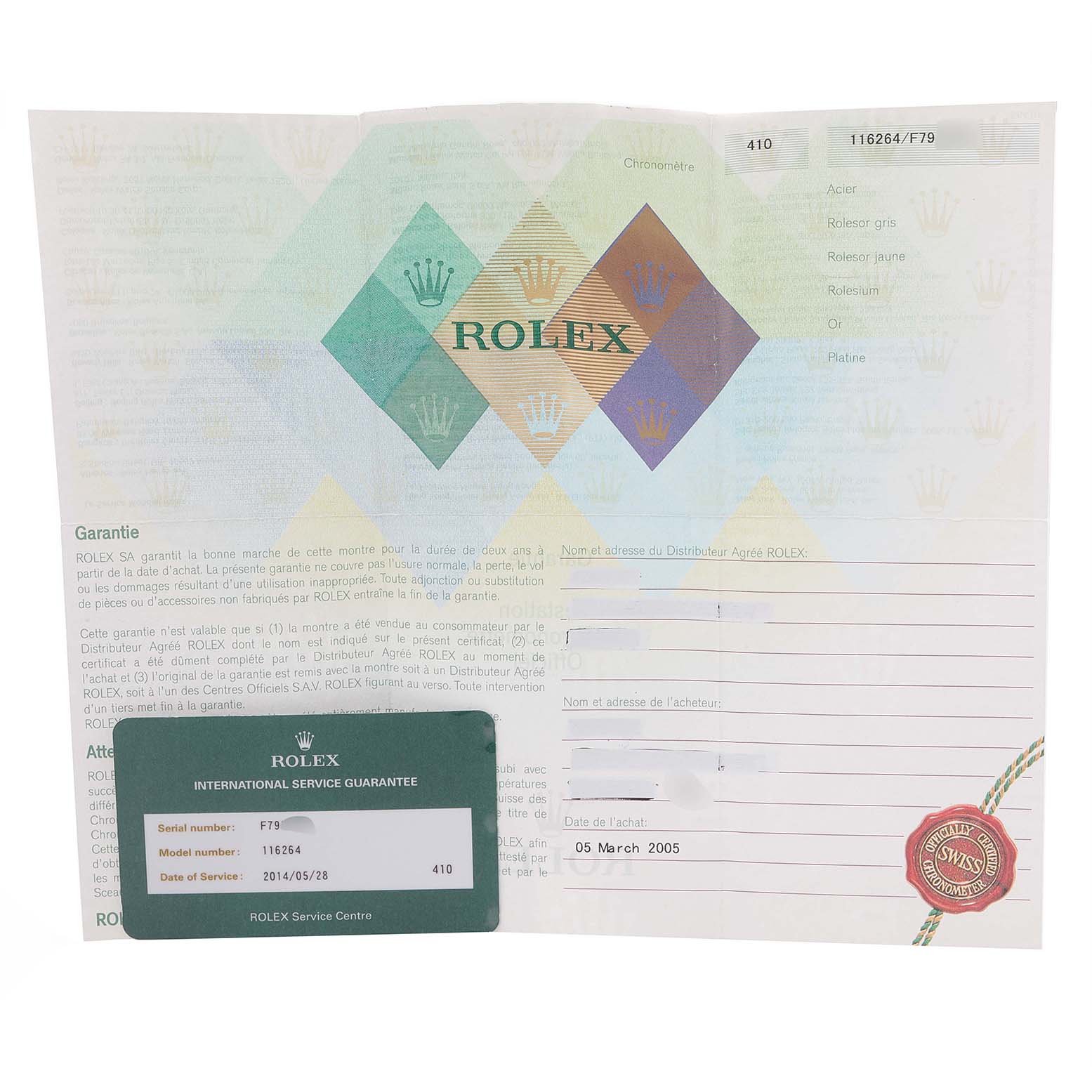 The image shows the international service guarantee card and warranty paper for a Rolex Turn-o-Graph 116264 Men's Stainless Steel Blue Dial 116264 Men's Stainless Steel Blue Dial model.