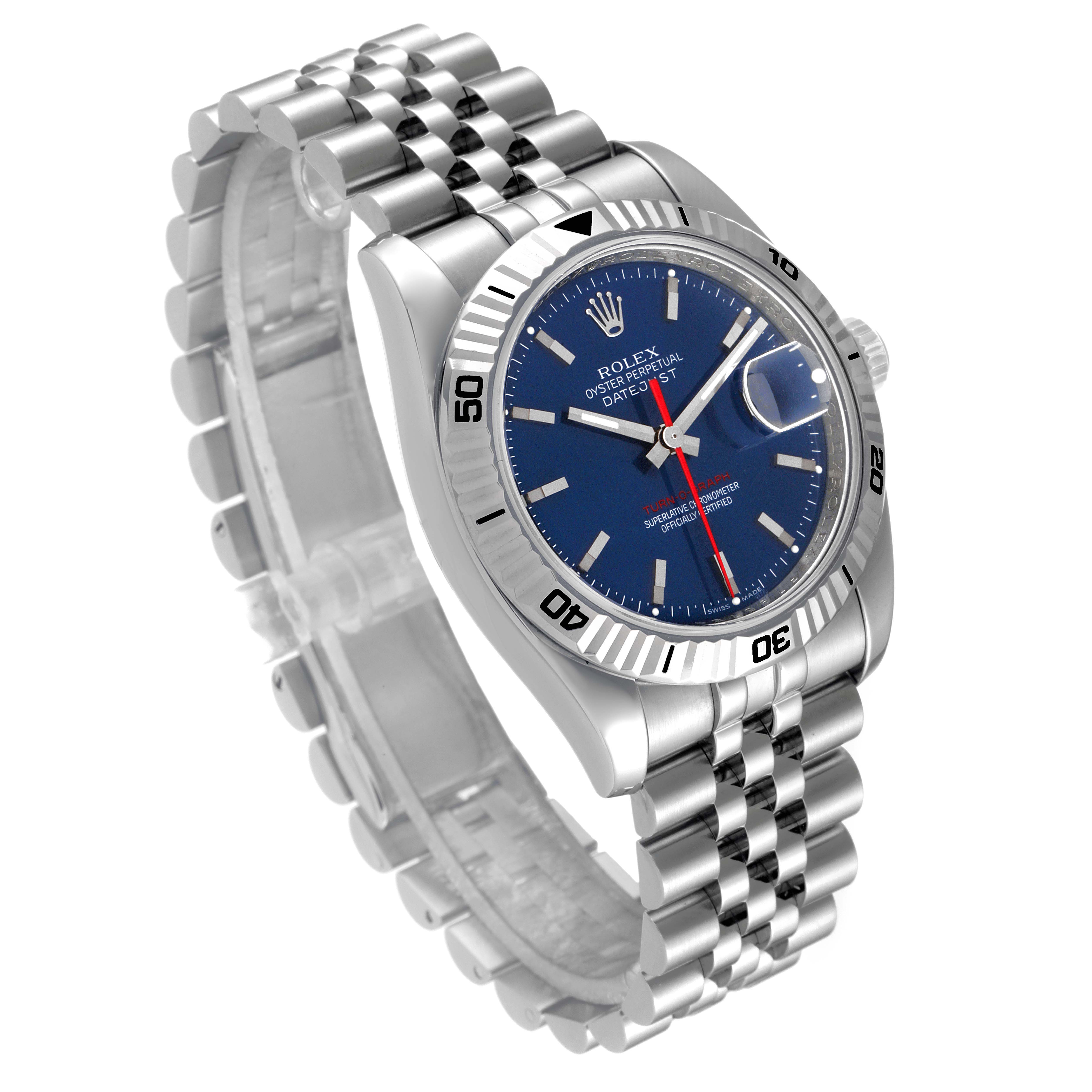 The image shows a Rolex Turn-o-Graph 116264 Men's Stainless Steel Blue Dial 116264 Men's Stainless Steel Blue Dial watch at a three-quarter angle, highlighting its blue dial, bezel, and stainless steel bracelet.