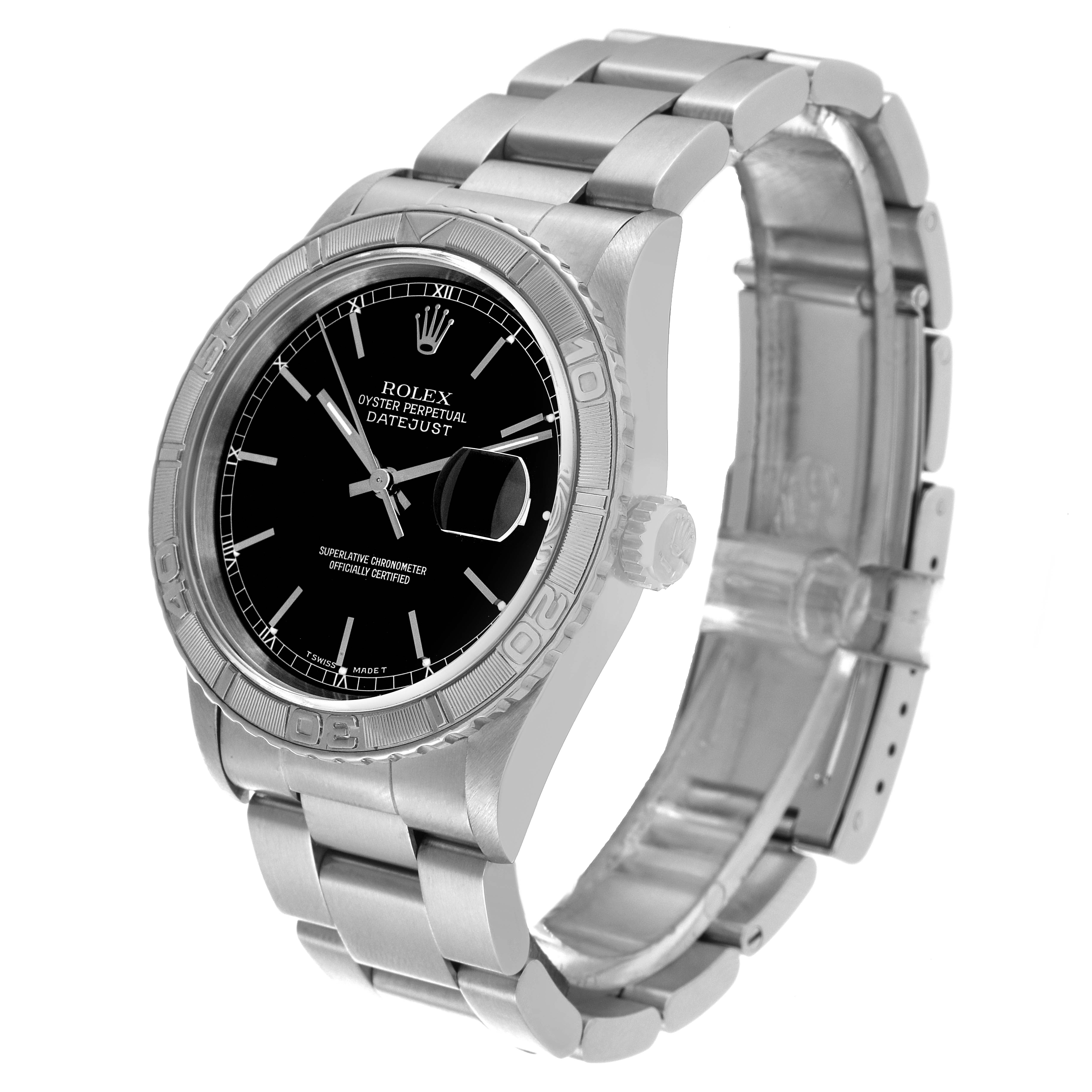 The image shows a Rolex Turn-o-Graph 16264 Men's Stainless Steel Black Dial 16264 Men's Stainless Steel Black Dial model watch at a 3/4 angle, highlighting the face, bezel, crown, and bracelet.