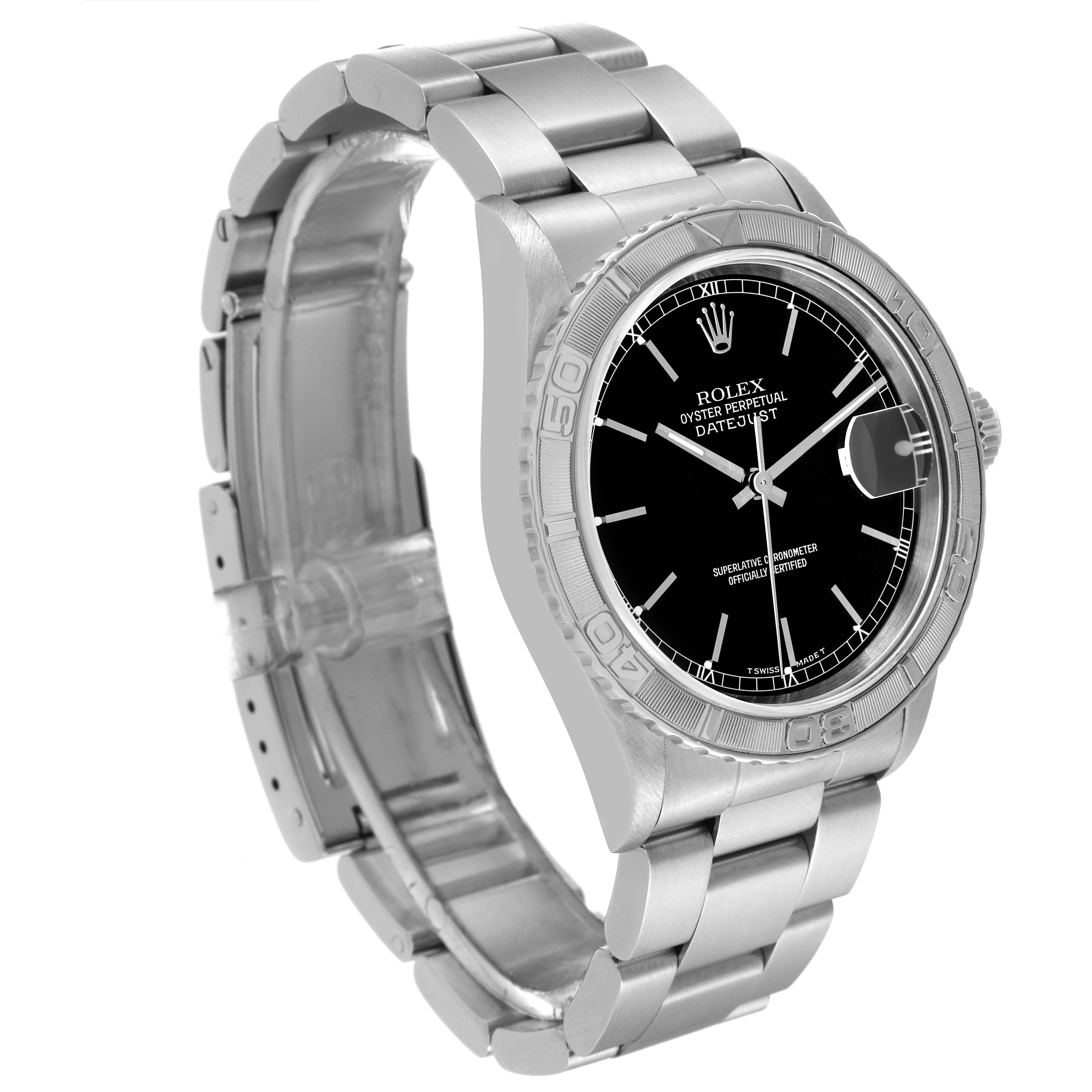 The image shows a side angle of a Rolex Turn-o-Graph 16264 Men's Stainless Steel Black Dial 16264 Men's Stainless Steel Black Dial watch, displaying its face, bezel, and bracelet.