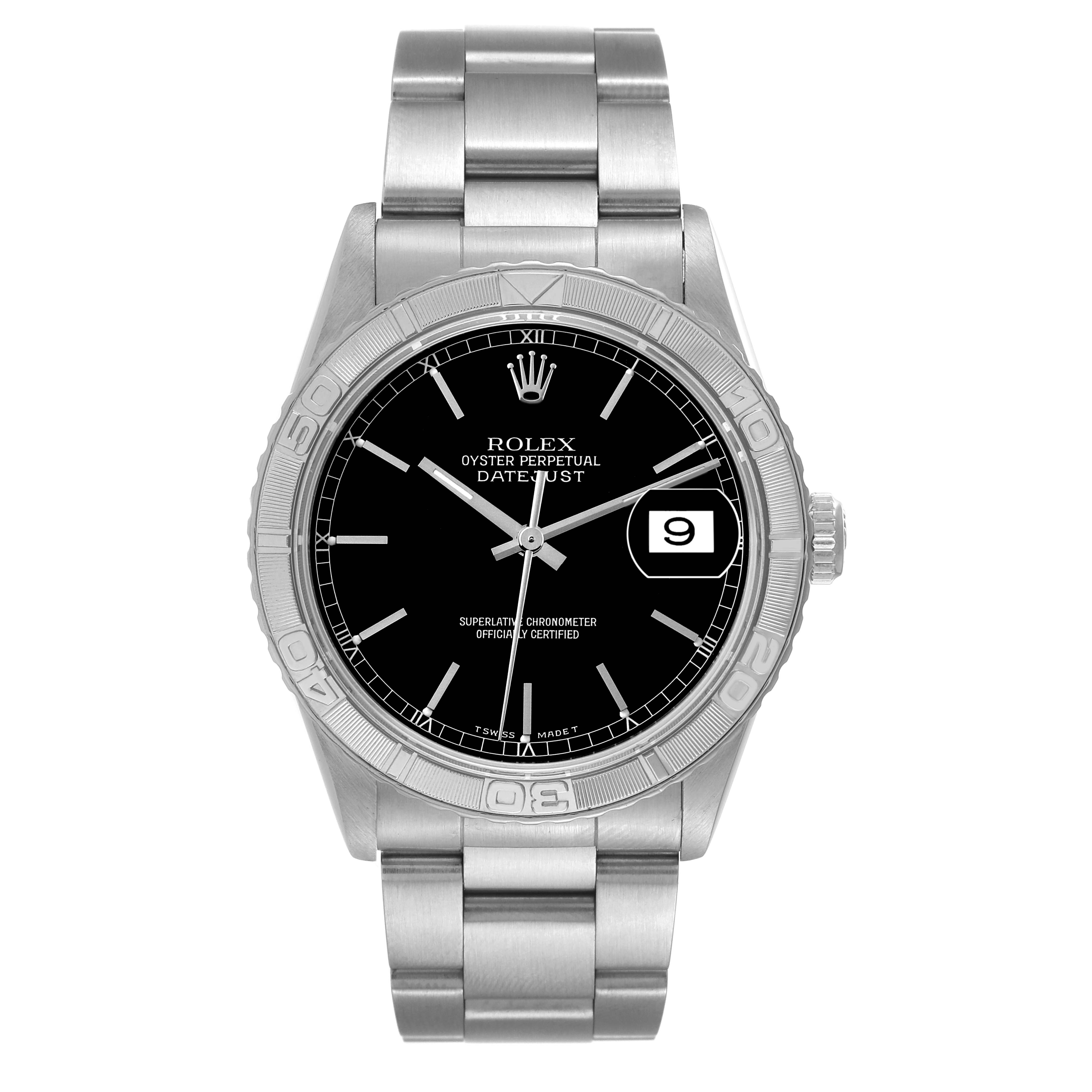 The image shows a front view of a Rolex Turn-o-Graph 16264 Men's Stainless Steel Black Dial 16264 Men's Stainless Steel Black Dial Datejust watch, displaying the dial, hands, bezel, bracelet, and date window.