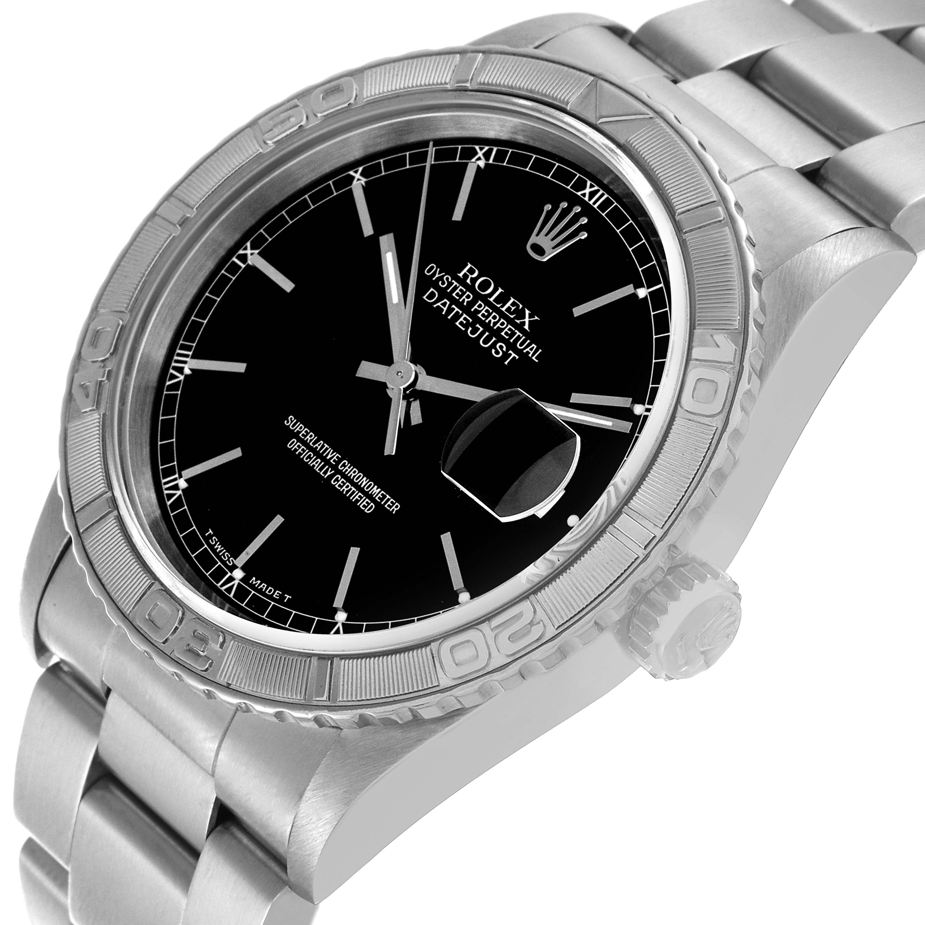 This image shows a Rolex Turn-o-Graph 16264 Men's Stainless Steel Black Dial 16264 Men's Stainless Steel Black Dial watch at an angle, highlighting the bezel, dial, date window, and bracelet.