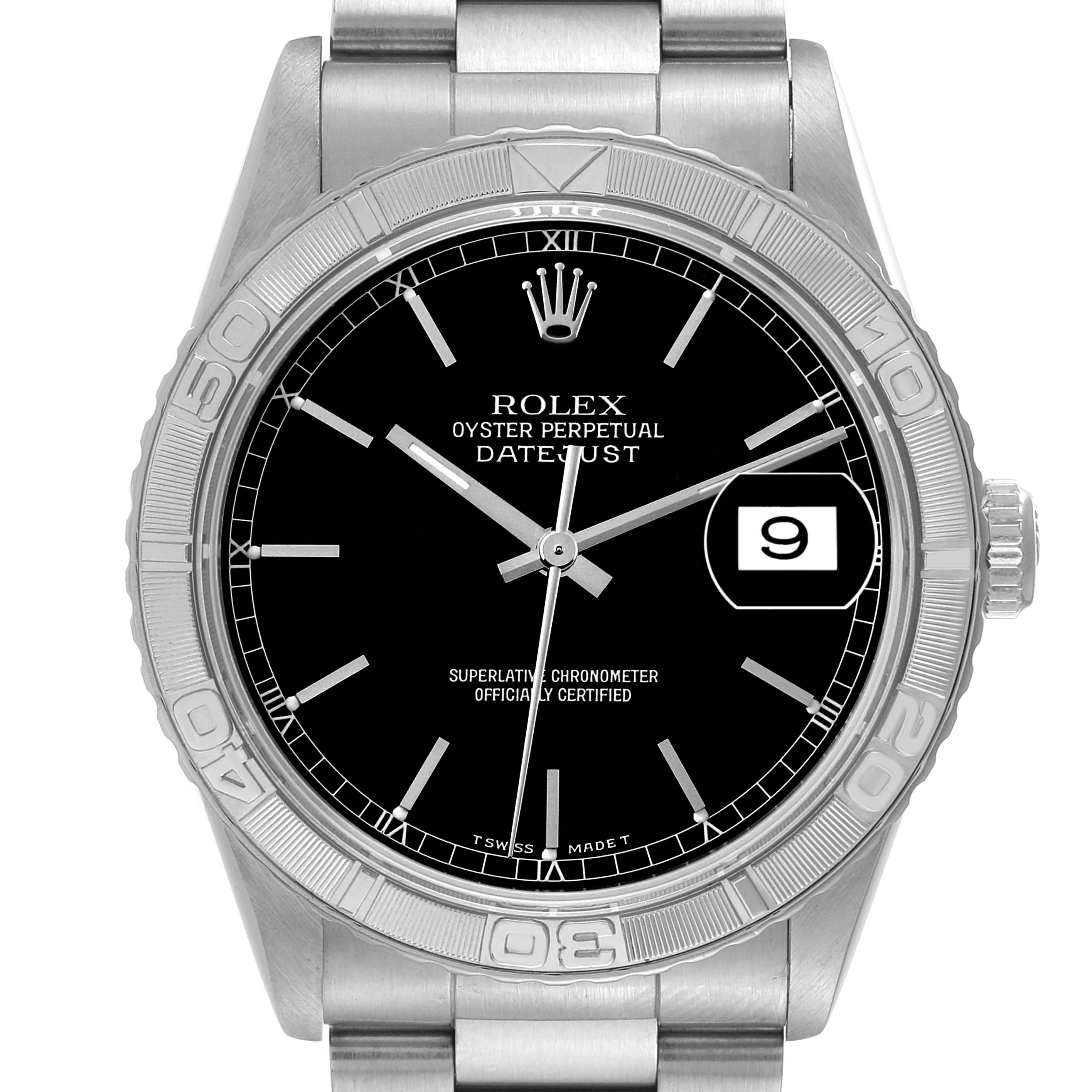 This is a front view of the Rolex Turn-o-Graph 16264 Men's Stainless Steel Black Dial 16264 Men's Stainless Steel Black Dial showing the dial, bezel, hands, bracelet, and date window.