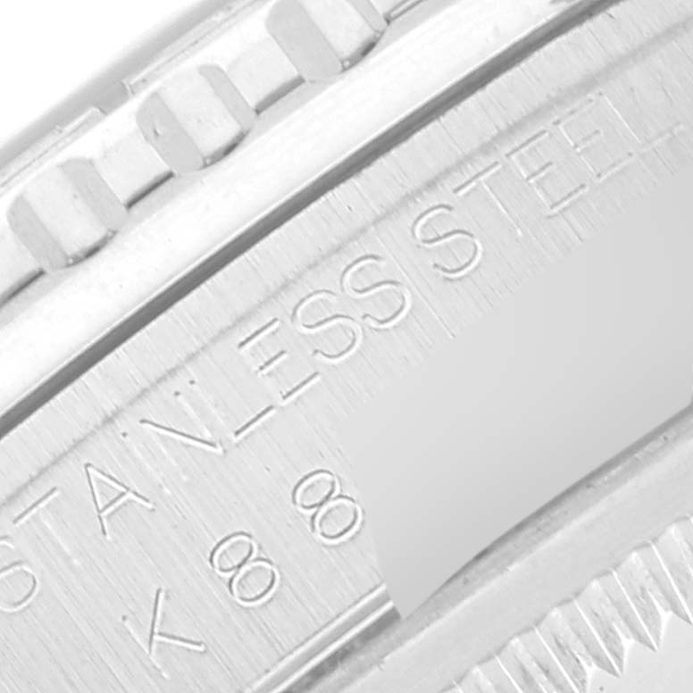 This close-up image shows the stainless steel case and bezel of a Rolex Turn-o-Graph 16264 Men
s Stainless Steel Black Dial 16264 Men
s Stainless Steel Black Dial watch at an angled perspective.