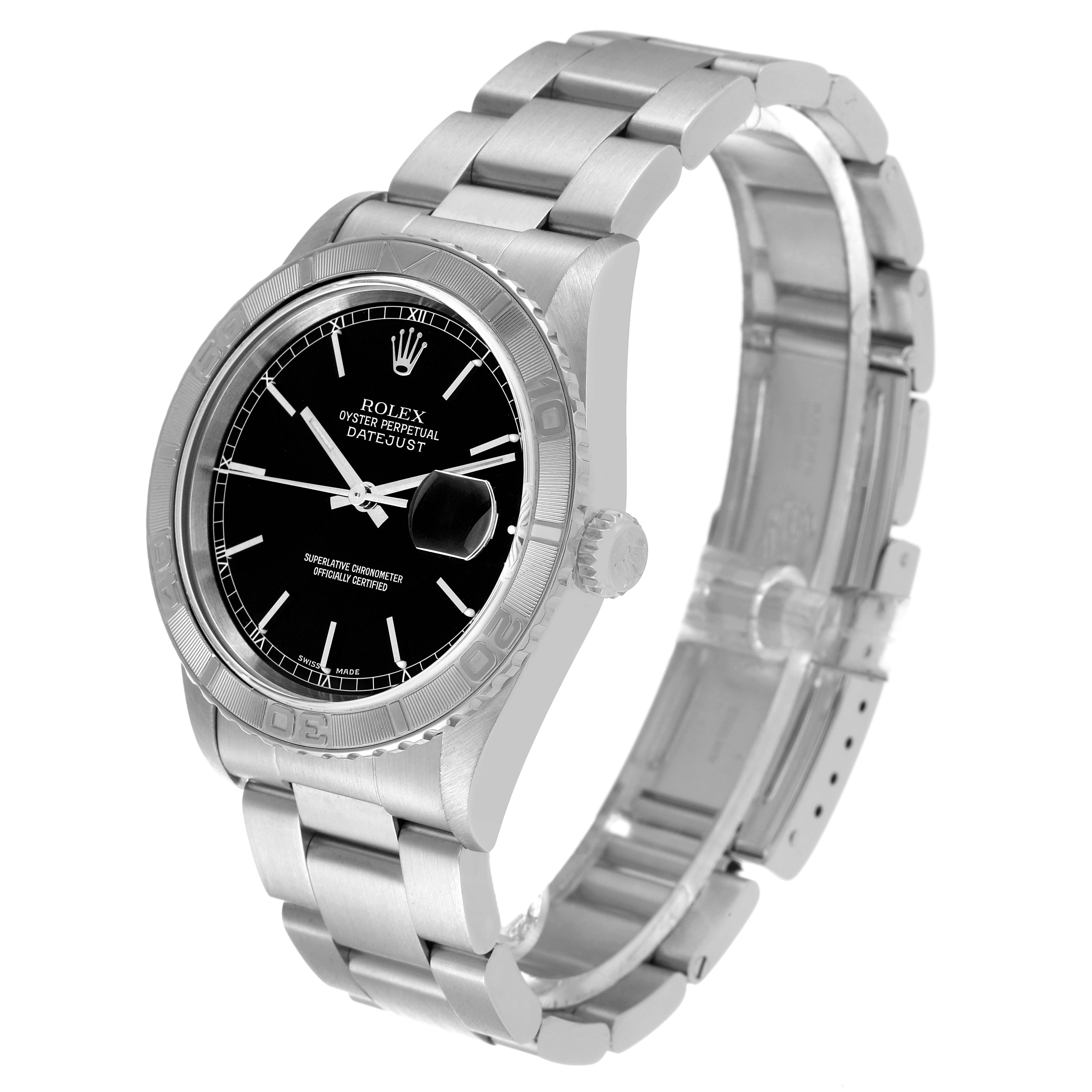 The Rolex Turn-o-Graph 16264 Men
s Stainless Steel Black Dial 16264 Men
s Stainless Steel Black Dial watch is shown at an angle highlighting its face, bezel, and metal bracelet band.