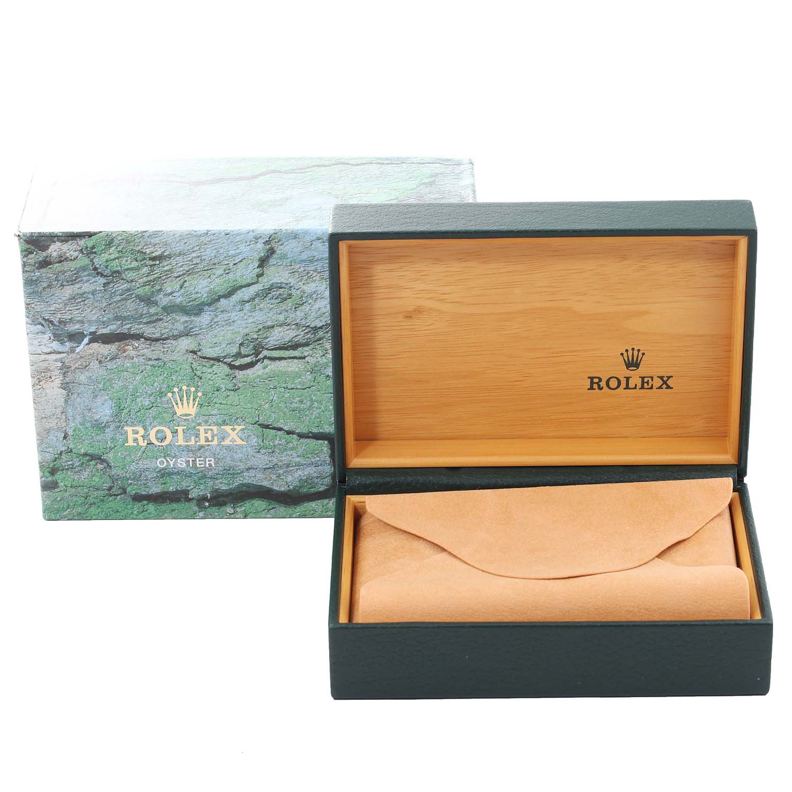 The image shows an open Rolex Turn-o-Graph 16264 Men
s Stainless Steel Black Dial 16264 Men
s Stainless Steel Black Dial watch box with its sleeve and outer packaging displayed at an angle.