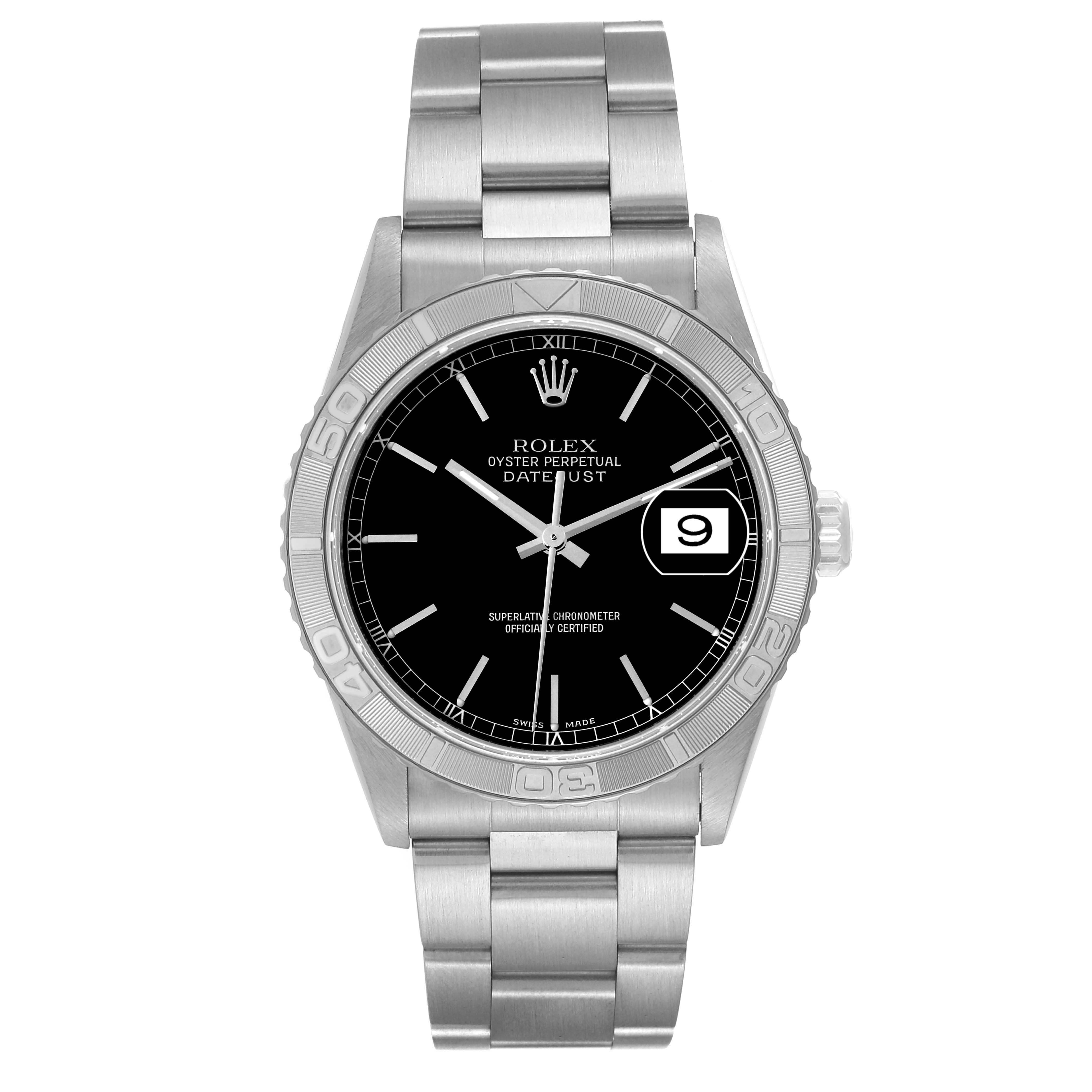 This image shows the front view of a Rolex Turn-o-Graph 16264 Men
s Stainless Steel Black Dial 16264 Men
s Stainless Steel Black Dial watch, featuring its dial, bezel, bracelet, and date display.