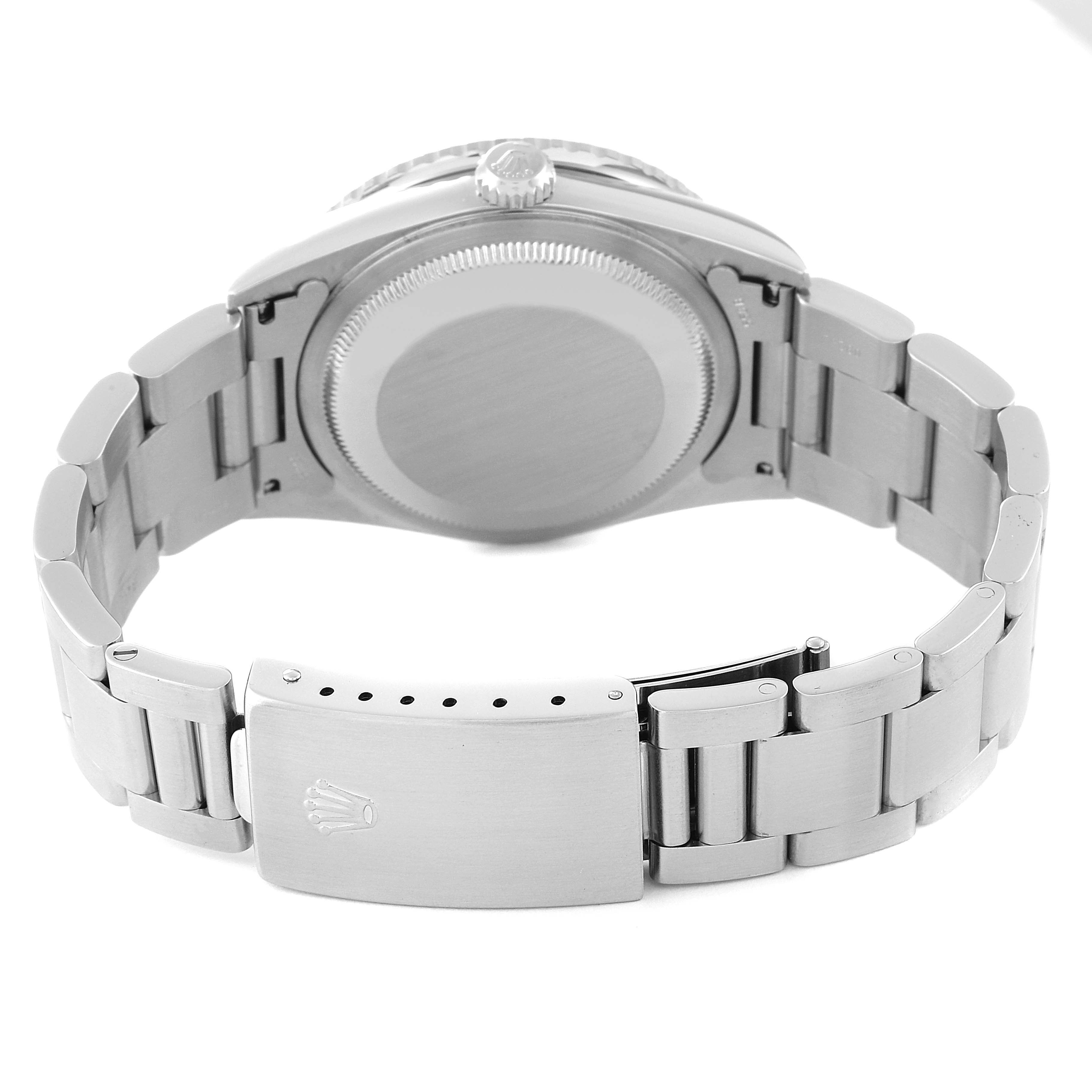 This image shows the back view of a Rolex Turn-o-Graph 16264 Men
s Stainless Steel Black Dial 16264 Men
s Stainless Steel Black Dial watch, highlighting the case back and clasp.