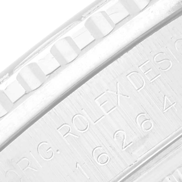 This close-up image shows the engraved side of the bezel and case, revealing the model number "16264" of the Rolex Turn-o-Graph 16264 Men
s Stainless Steel Black Dial 16264 Men
s Stainless Steel Black Dial watch.