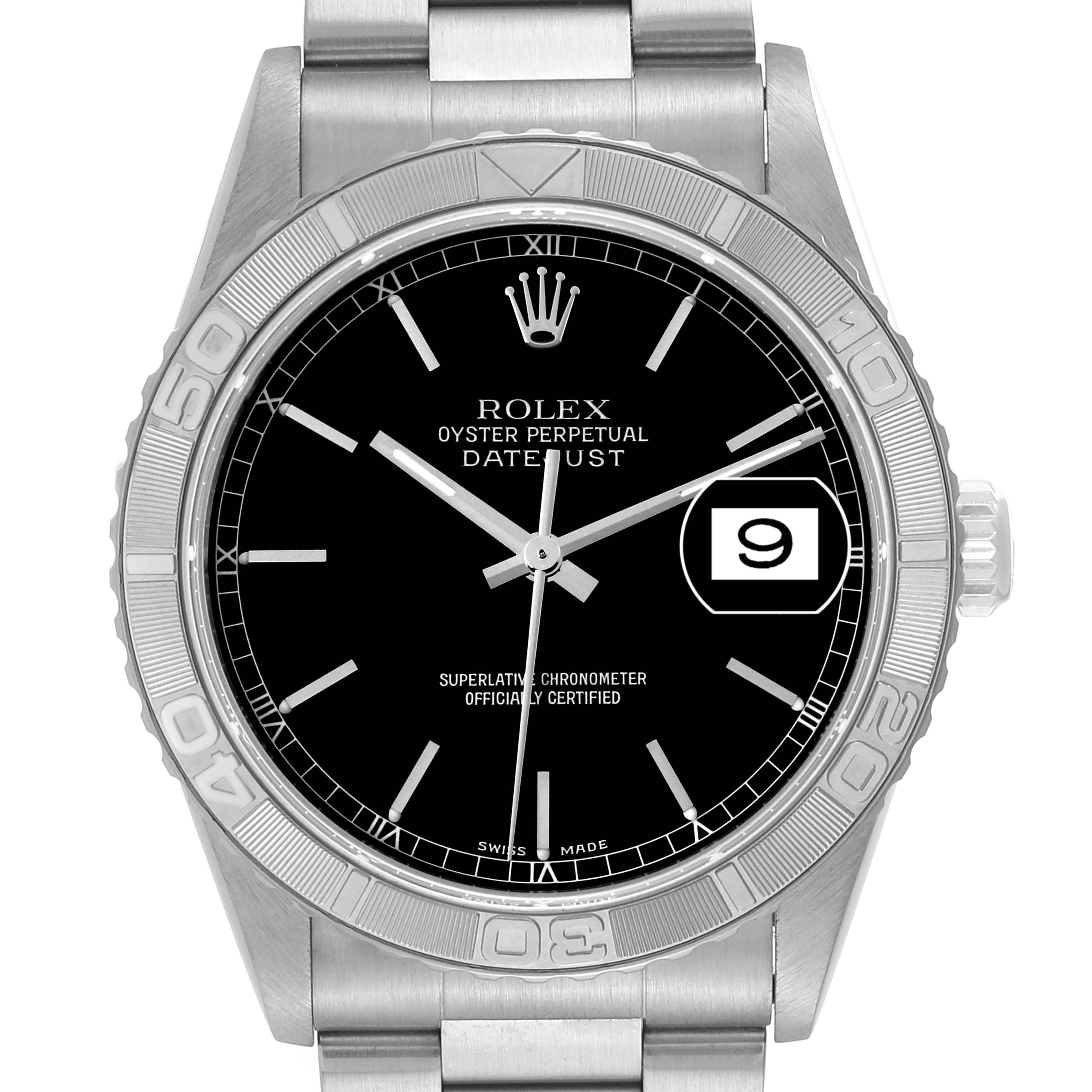 The image shows a front view of a Rolex Turn-o-Graph 16264 Men
s Stainless Steel Black Dial 16264 Men
s Stainless Steel Black Dial watch, featuring its bezel, dial, hands, bracelet, and date window.