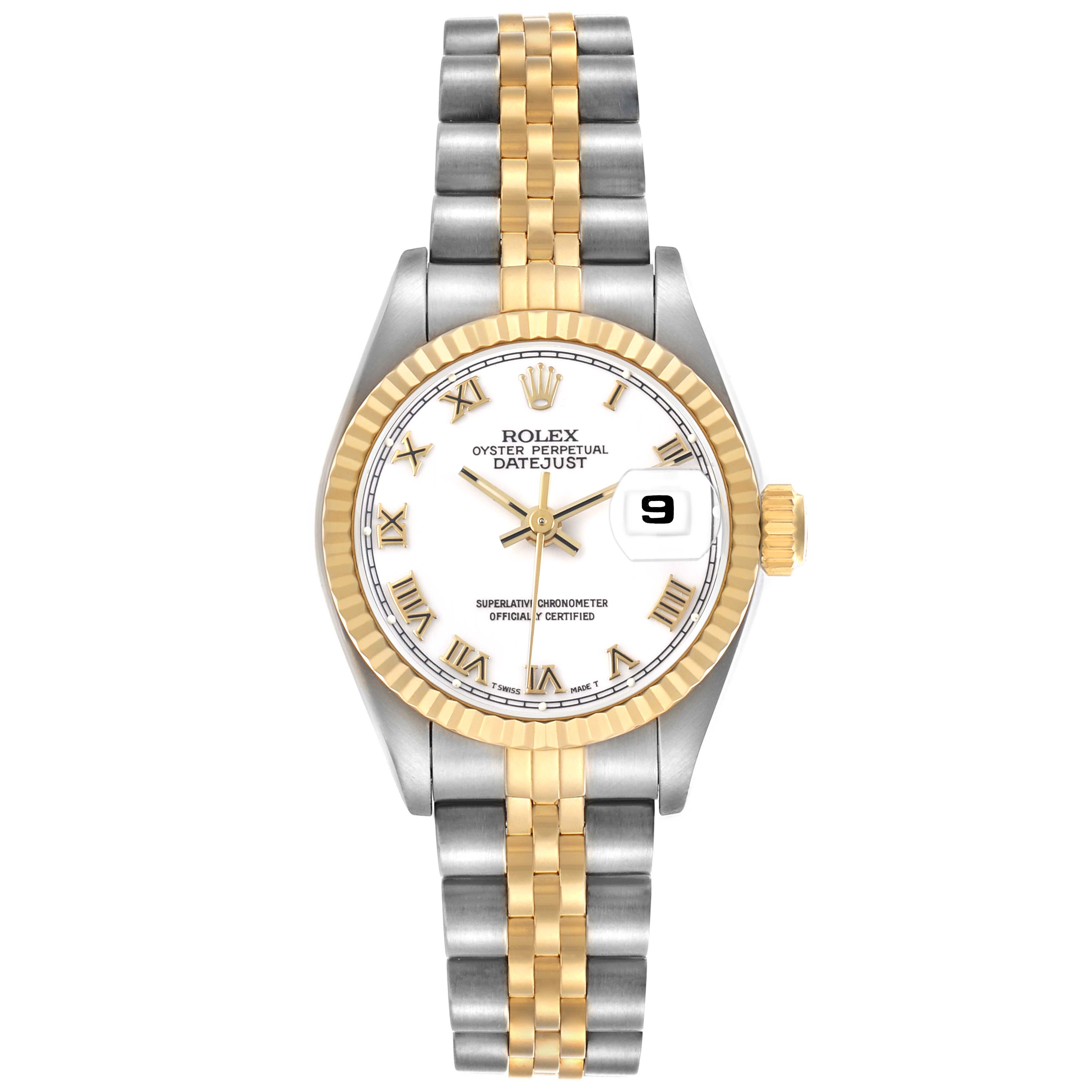 The Rolex Datejust 69173 Women's Steel and Gold (two tone) White Dial watch is shown from a top-down angle featuring its face, bezel, and two-tone bracelet.