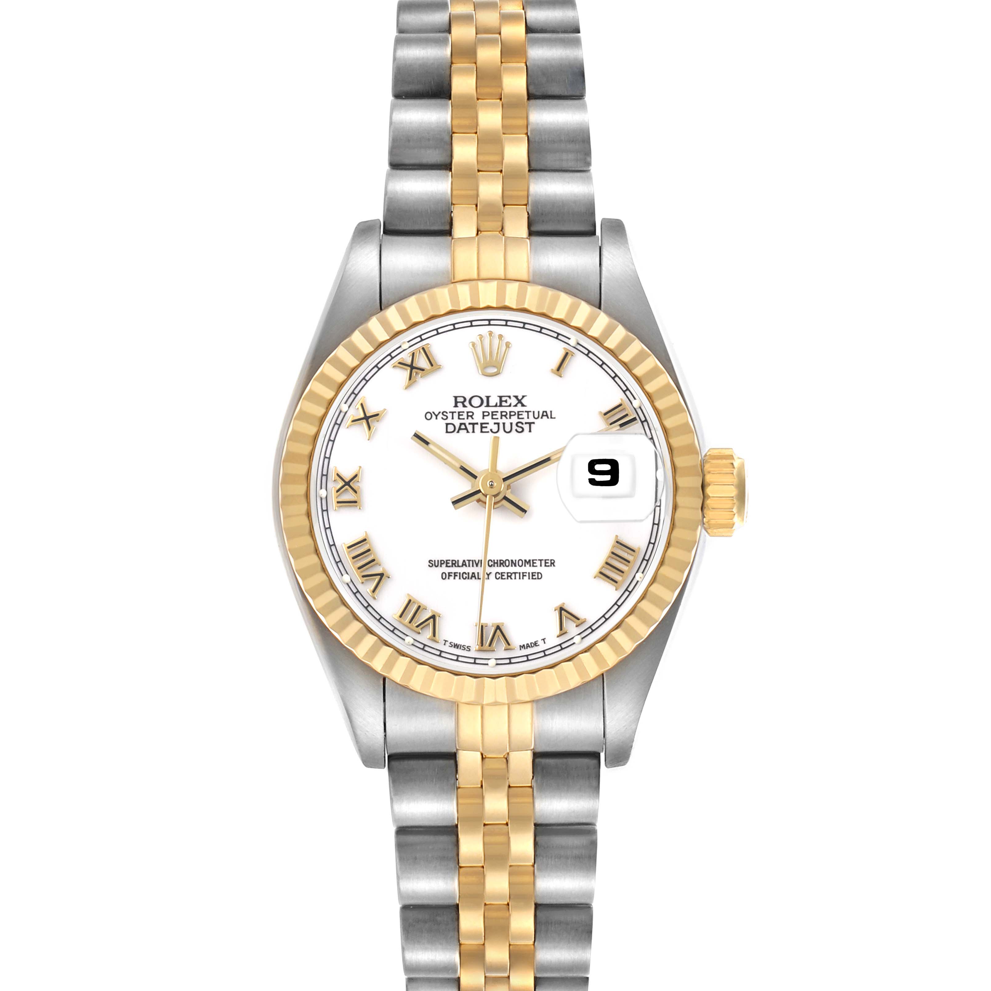 The Rolex Datejust 69173 Women's Steel and Gold (two tone) White Dial watch is shown from the front, highlighting its dial, bezel, and bracelet.