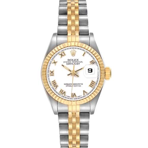 The Rolex Datejust 69173 Women's Steel and Gold (two tone) White Dial watch is shown from the front, displaying its face, bezel, crown, and bracelet.