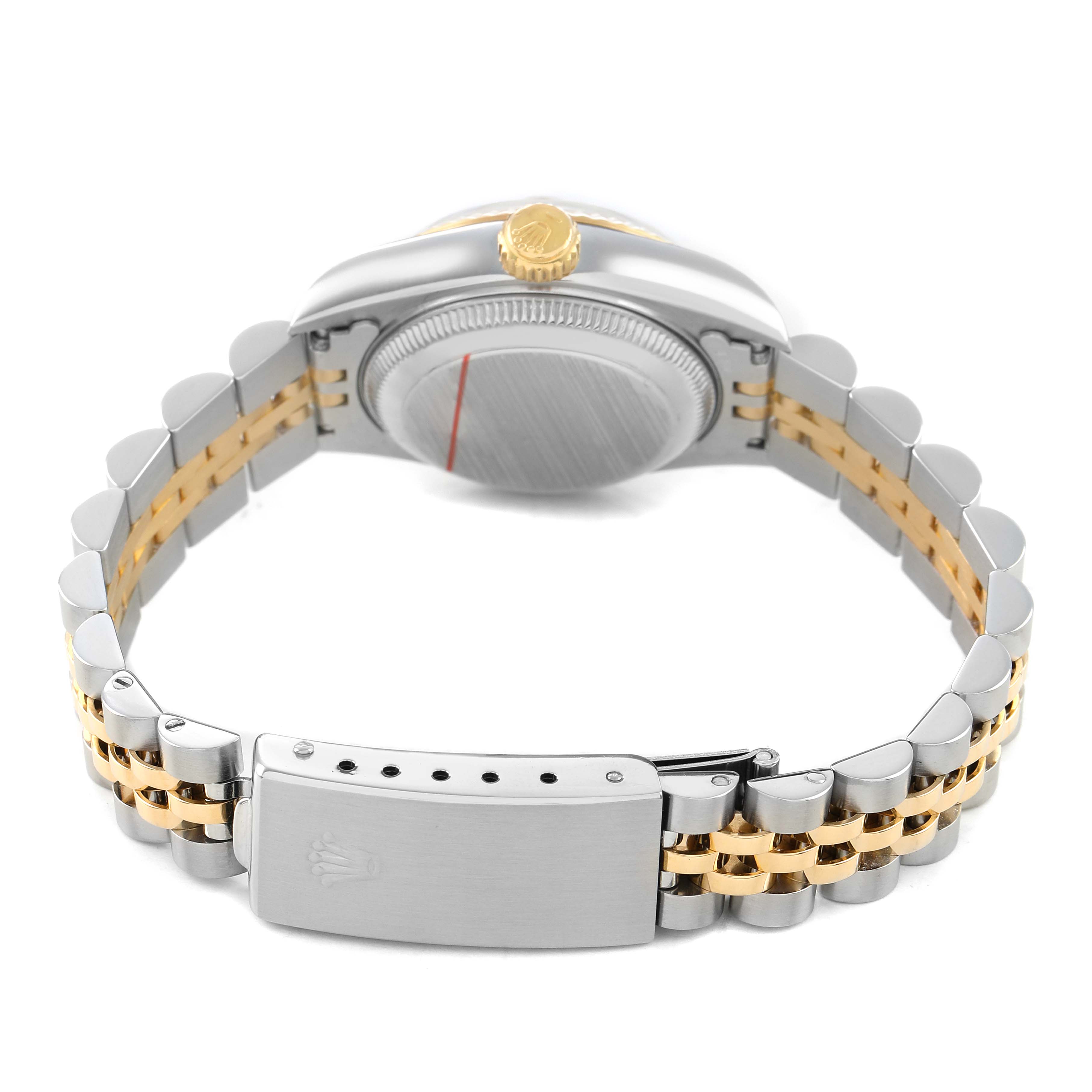 The image shows the back view of a Rolex Datejust 69173 Women's Steel and Gold (two tone) White Dial watch, highlighting the bracelet, clasp, and case back.