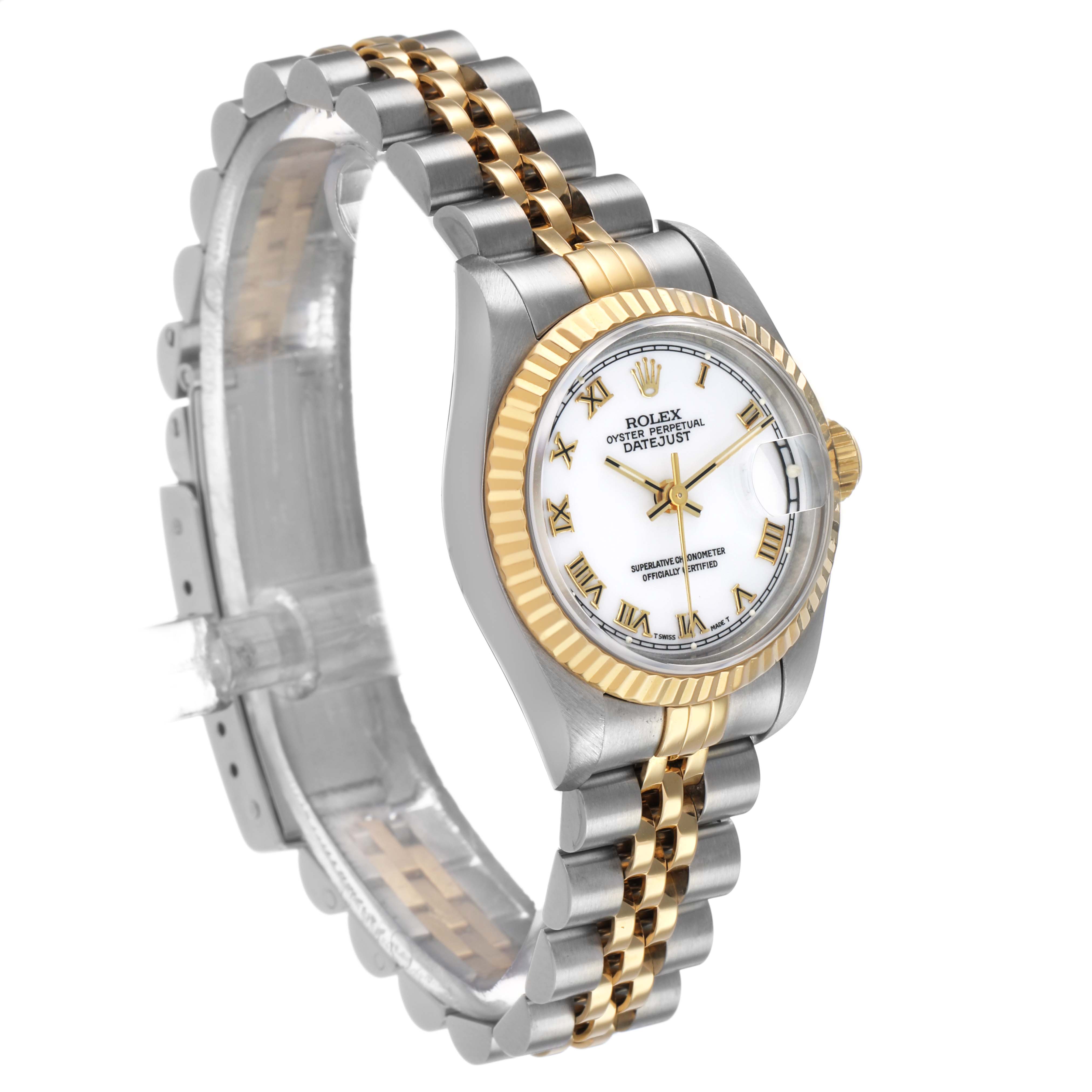 The Rolex Datejust 69173 Women's Steel and Gold (two tone) White Dial watch is shown at a side angle, displaying the case, dial, fluted bezel, and two-tone bracelet.