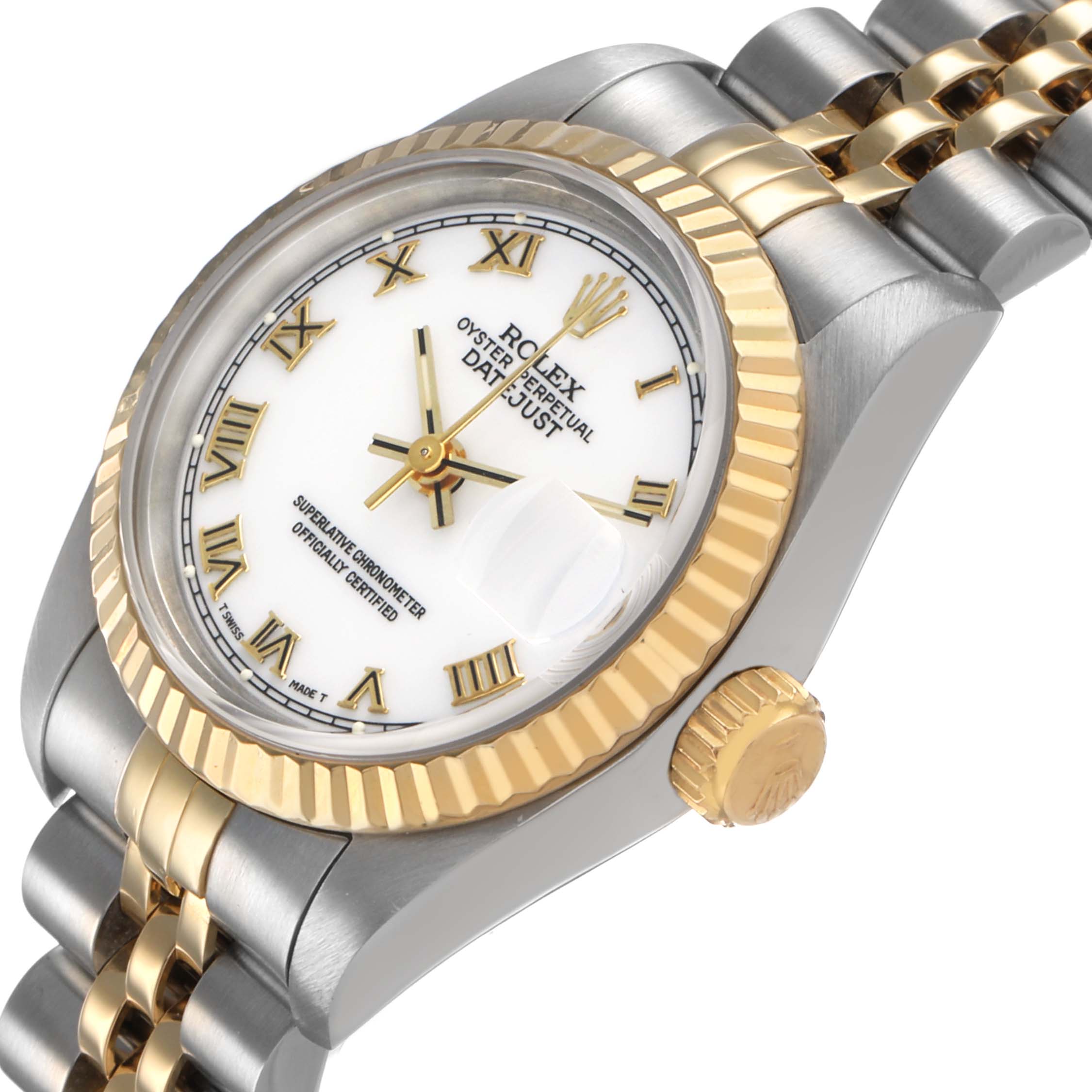 The Rolex Datejust 69173 Women's Steel and Gold (two tone) White Dial watch is shown at a slight angle, displaying its white dial, gold bezel, and two-tone bracelet.