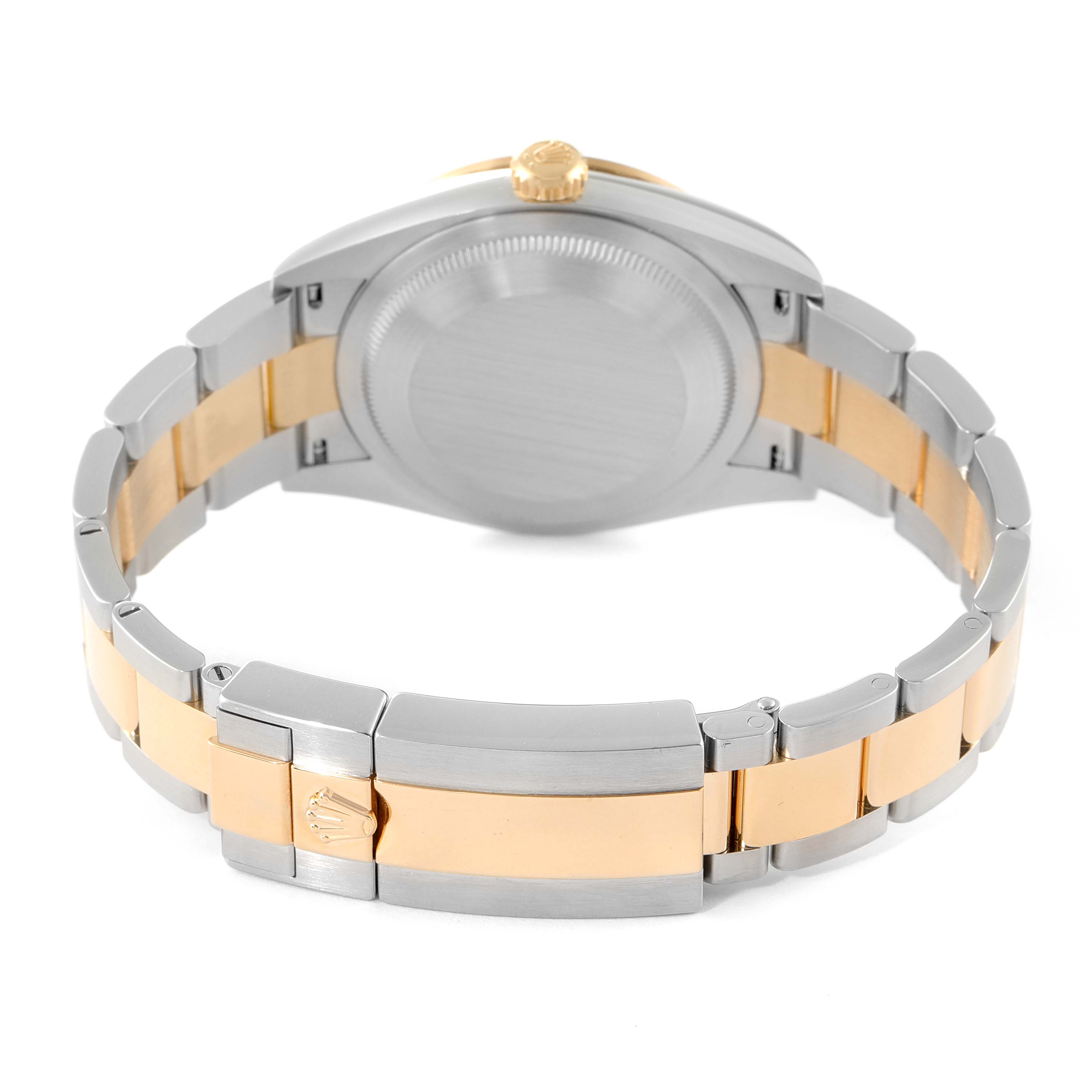 The image shows the back view of a Rolex Explorer 124273 Men's Steel and Gold (two tone) Black Dial 124273 Men's Steel and Gold (two tone) Black Dial, focusing on the bracelet and the closed case back.