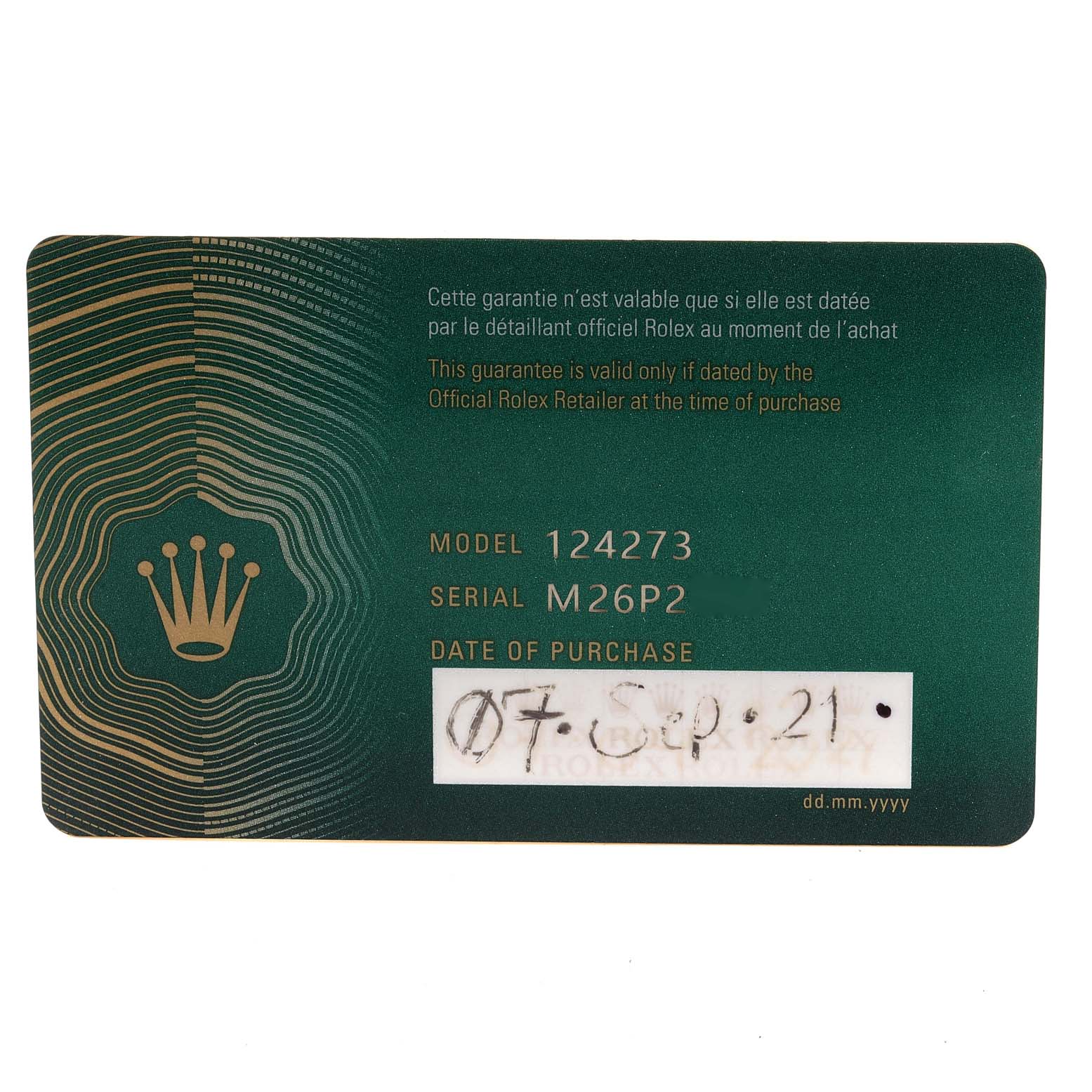 The image shows a warranty card for a Rolex Explorer 124273 Men's Steel and Gold (two tone) Black Dial 124273 Men's Steel and Gold (two tone) Black Dial model 124273 dated September 7, 2021.