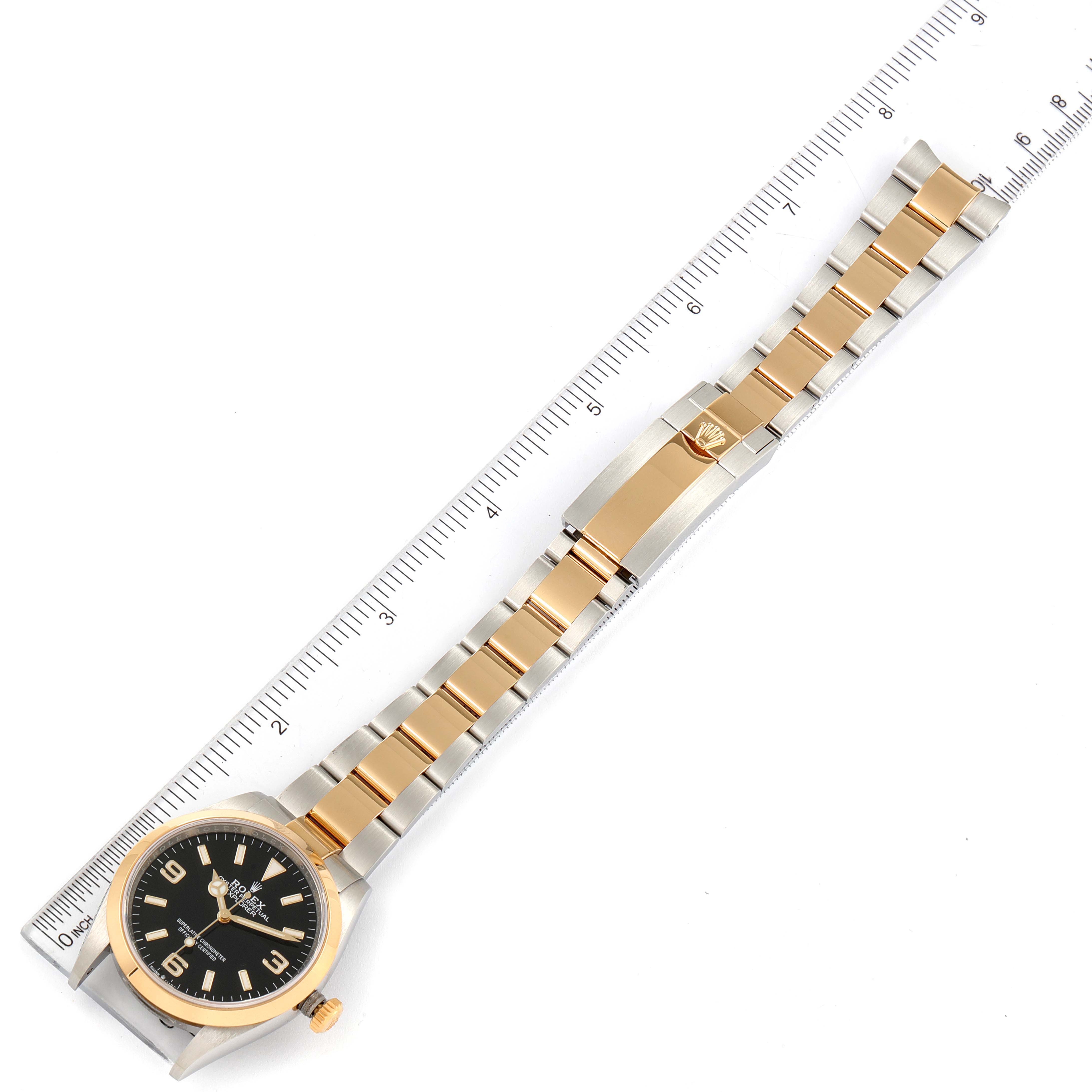 The image shows a full view of a Rolex Explorer 124273 Men's Steel and Gold (two tone) Black Dial 124273 Men's Steel and Gold (two tone) Black Dial watch laying flat, along with a ruler for scale.