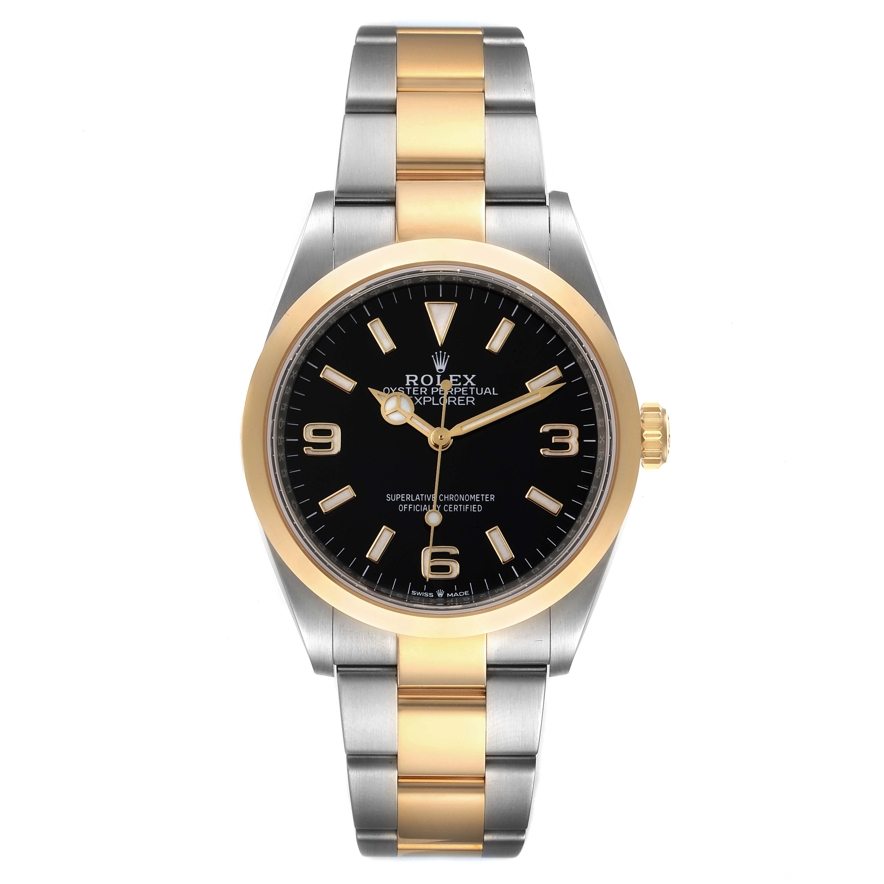 The image shows a front view of the Rolex Explorer 124273 Men's Steel and Gold (two tone) Black Dial 124273 Men's Steel and Gold (two tone) Black Dial watch, highlighting its black dial, gold bezel, and two-tone metal bracelet.