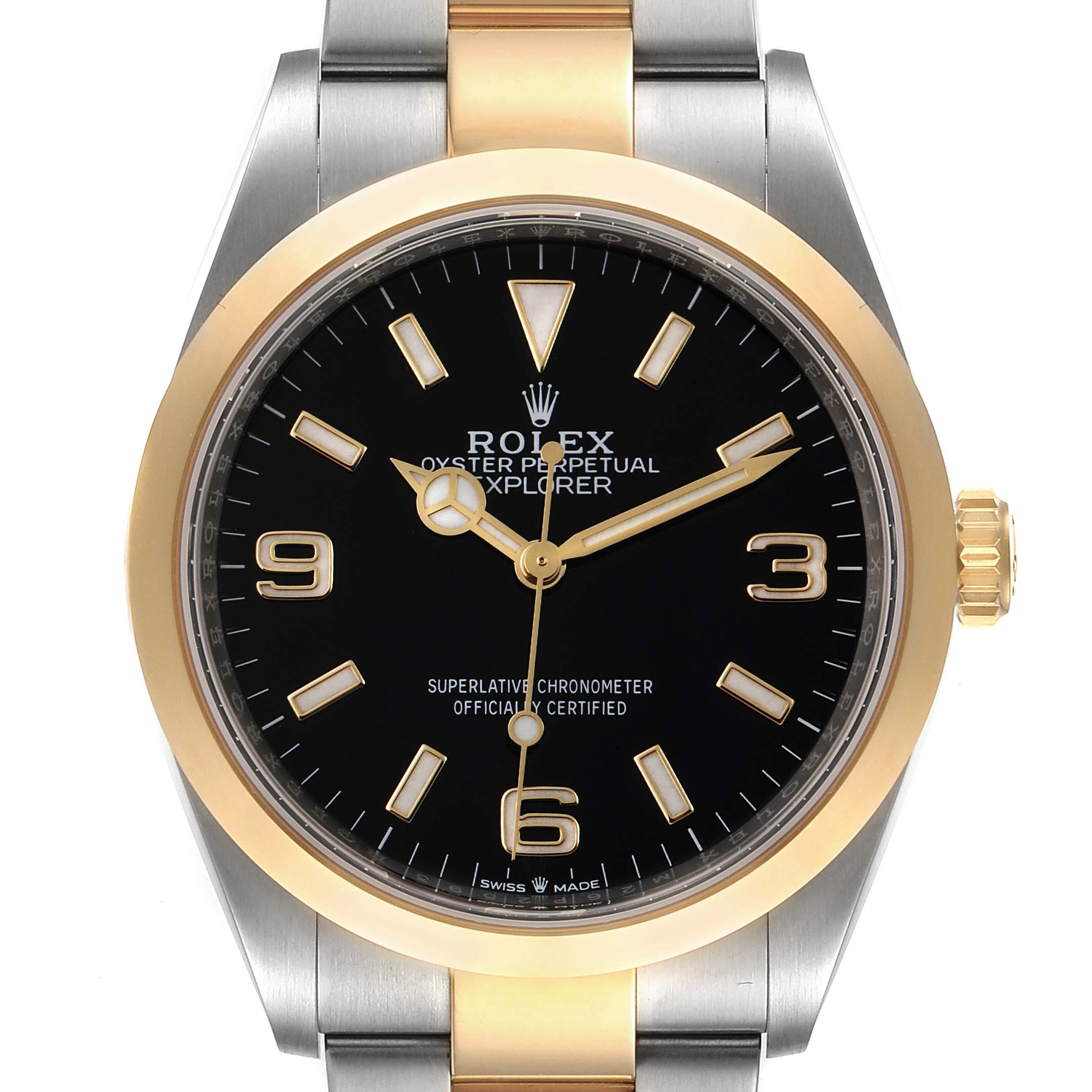 This image shows a front view of a Rolex Explorer 124273 Men's Steel and Gold (two tone) Black Dial 124273 Men's Steel and Gold (two tone) Black Dial watch, displaying its black dial, gold bezel, and two-tone bracelet.