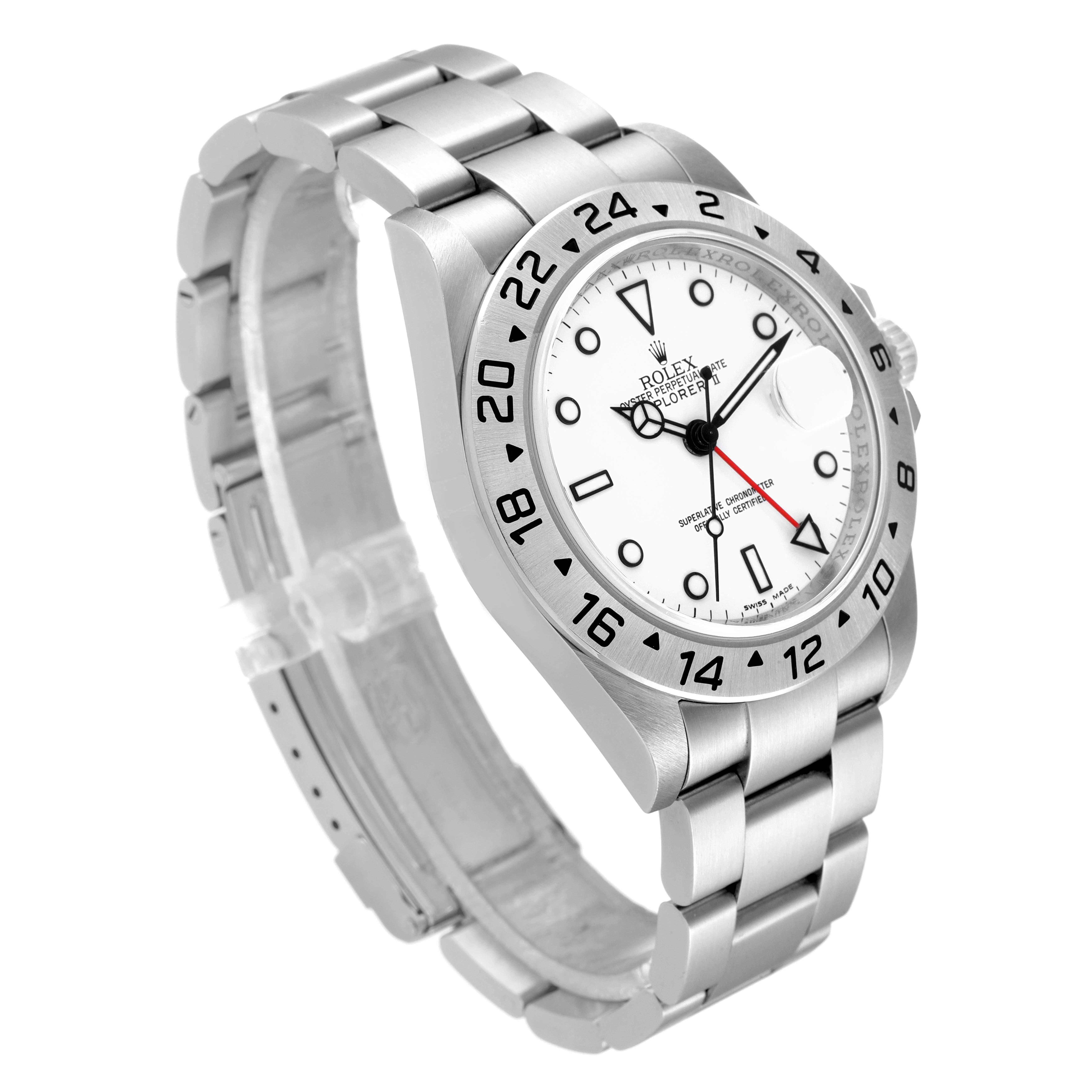 The image shows a Rolex Explorer 16570 Men's Stainless Steel White Dial 16570 Men's Stainless Steel White Dial watch at a three-quarter angle, highlighting its dial, bezel, and bracelet.