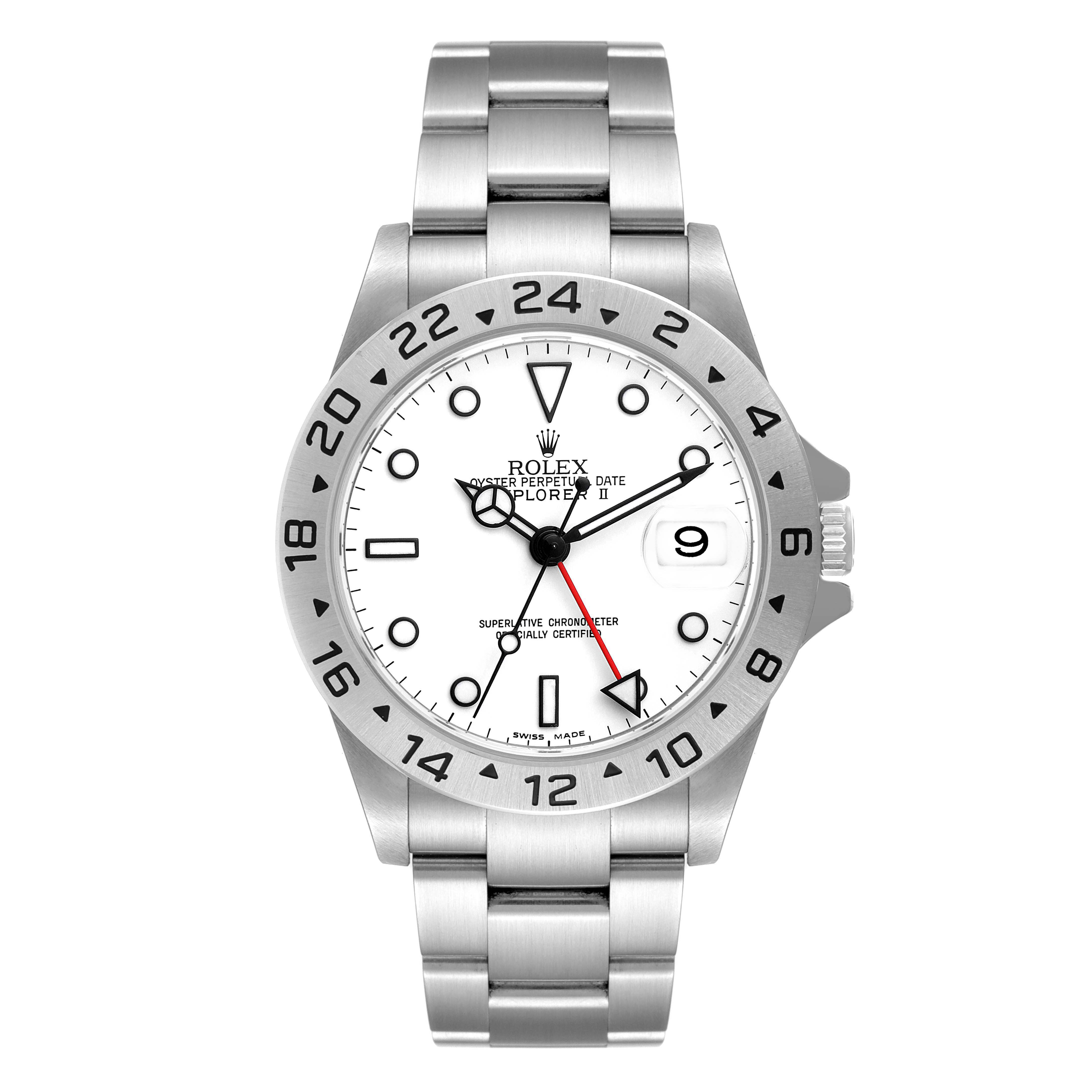 The image shows a front view of a Rolex Explorer 16570 Men's Stainless Steel White Dial 16570 Men's Stainless Steel White Dial model watch displaying the dial, bezel, bracelet, and crown.