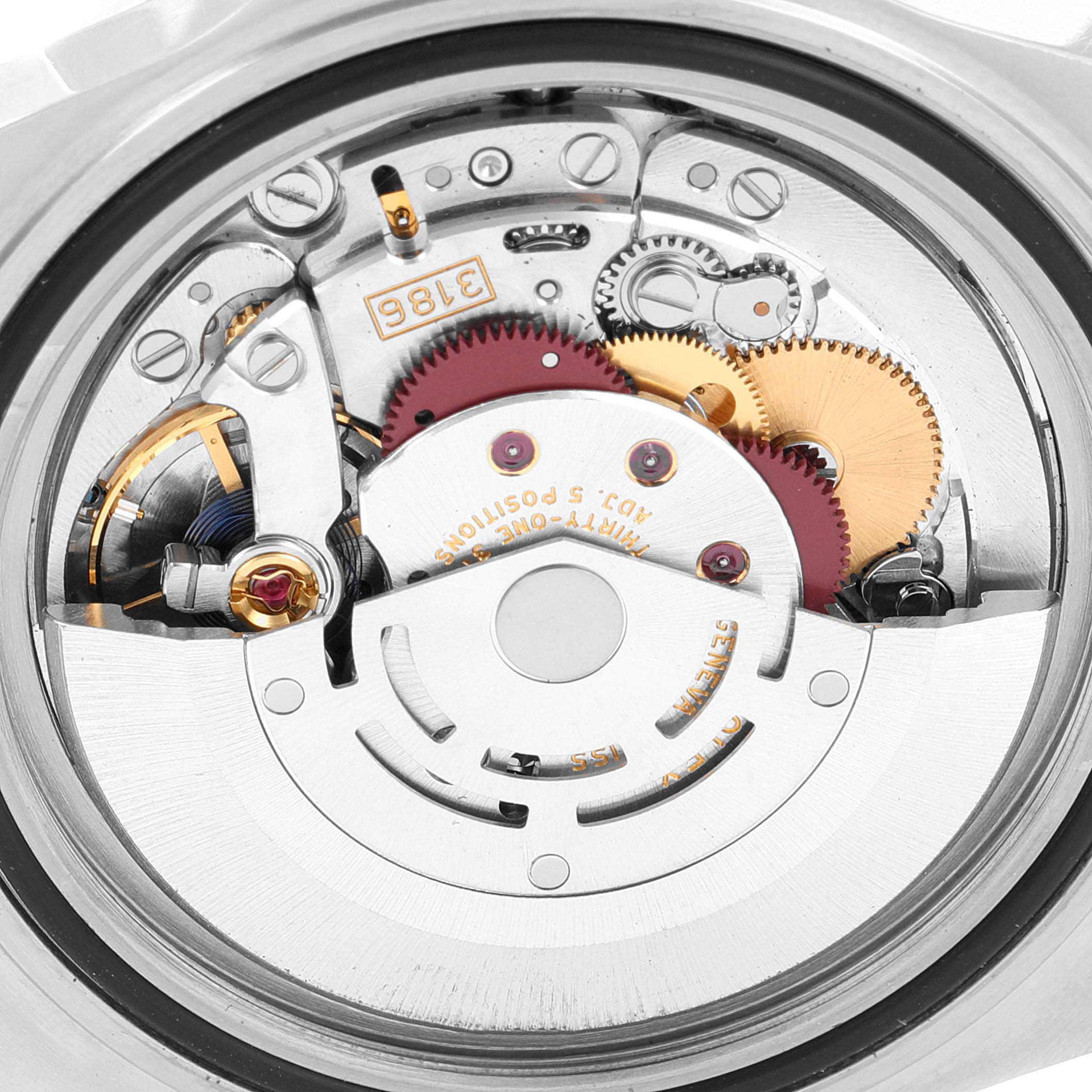The image shows the movement and internal mechanisms of a Rolex Explorer 16570 Men's Stainless Steel White Dial 16570 Men's Stainless Steel White Dial model watch from a straight-on angle.