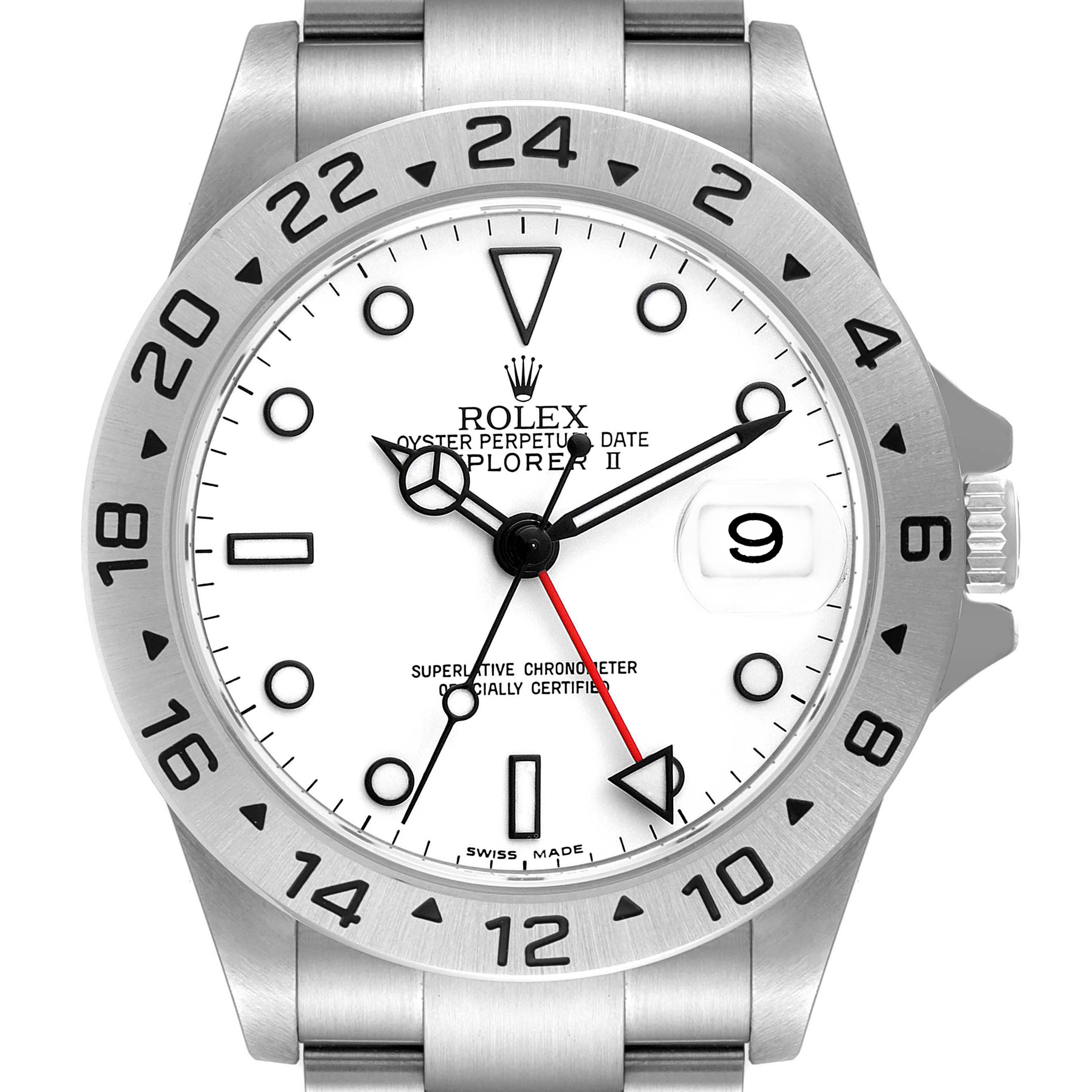 Front view of the Rolex Explorer 16570 Men's Stainless Steel White Dial 16570 Men's Stainless Steel White Dial watch showing the dial, bezel, hands, date window, and part of the bracelet.