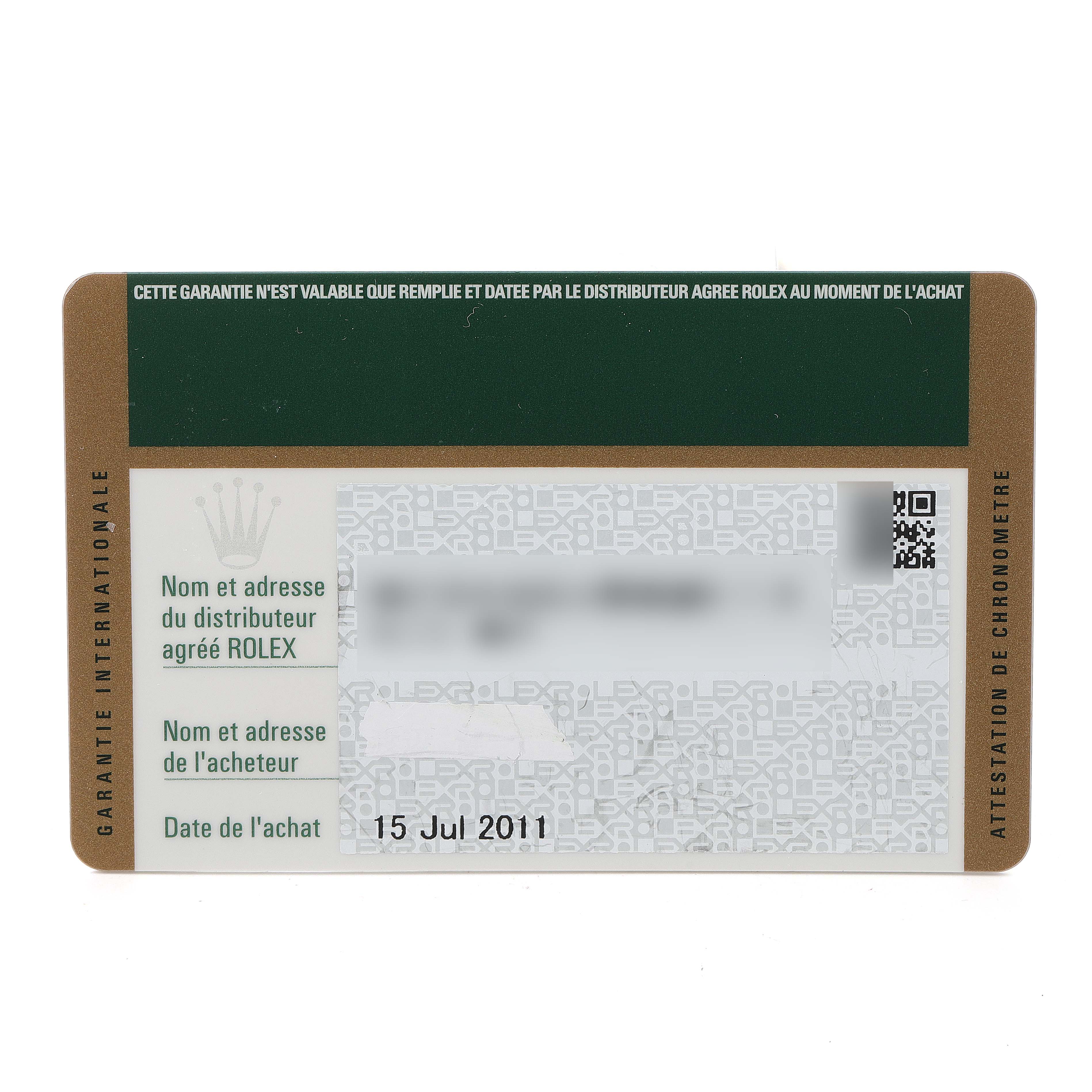 This is the warranty card for the Rolex Explorer 16570 Men's Stainless Steel White Dial 16570 Men's Stainless Steel White Dial model, displaying purchase date and retailer information.